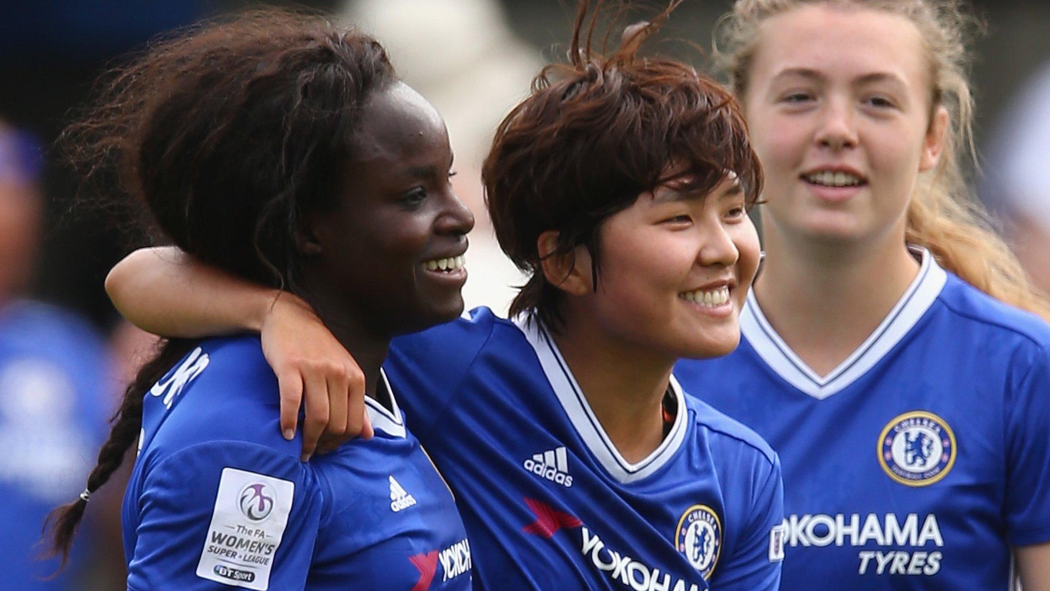 Eniola Aluko (left) celebrates goal against Doncaster with her Chelsea team-mates