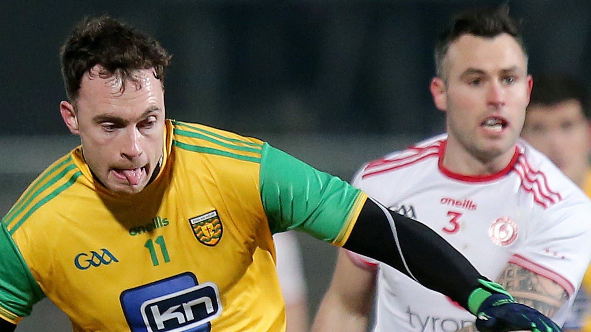 Donegal's Martin McElhinney battles with Tyrone's Cathal McCarron in the recent Dr McKenna Cup final