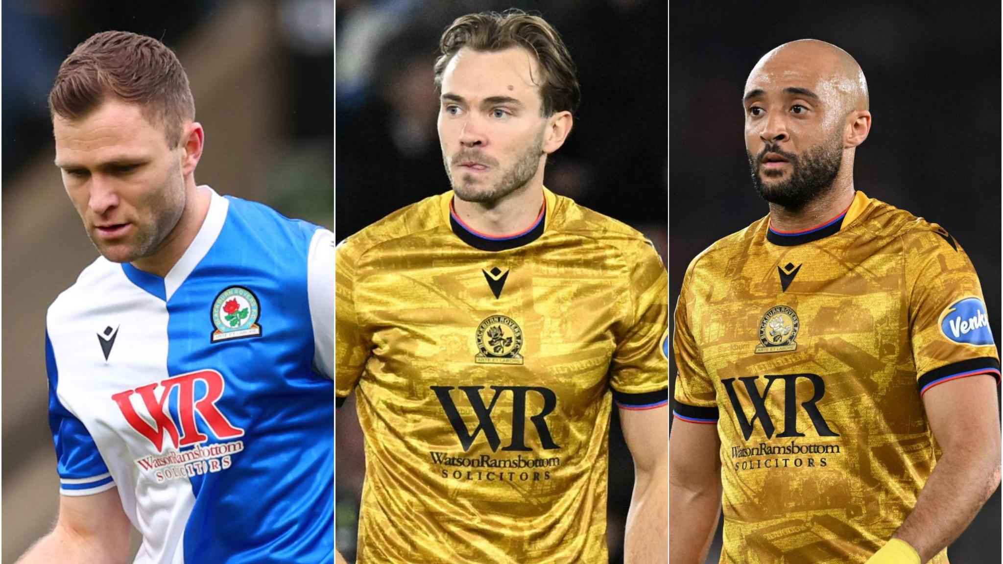 Left: Sondre Tronstad looking down towards the ball in a Blackburn home kit
Centre: Ryan Hedges looking over slightly to his right in a gold away kit
Right: Nathan Redmond in a gold away kit and wearing a yellow sweatband on his left wrist 