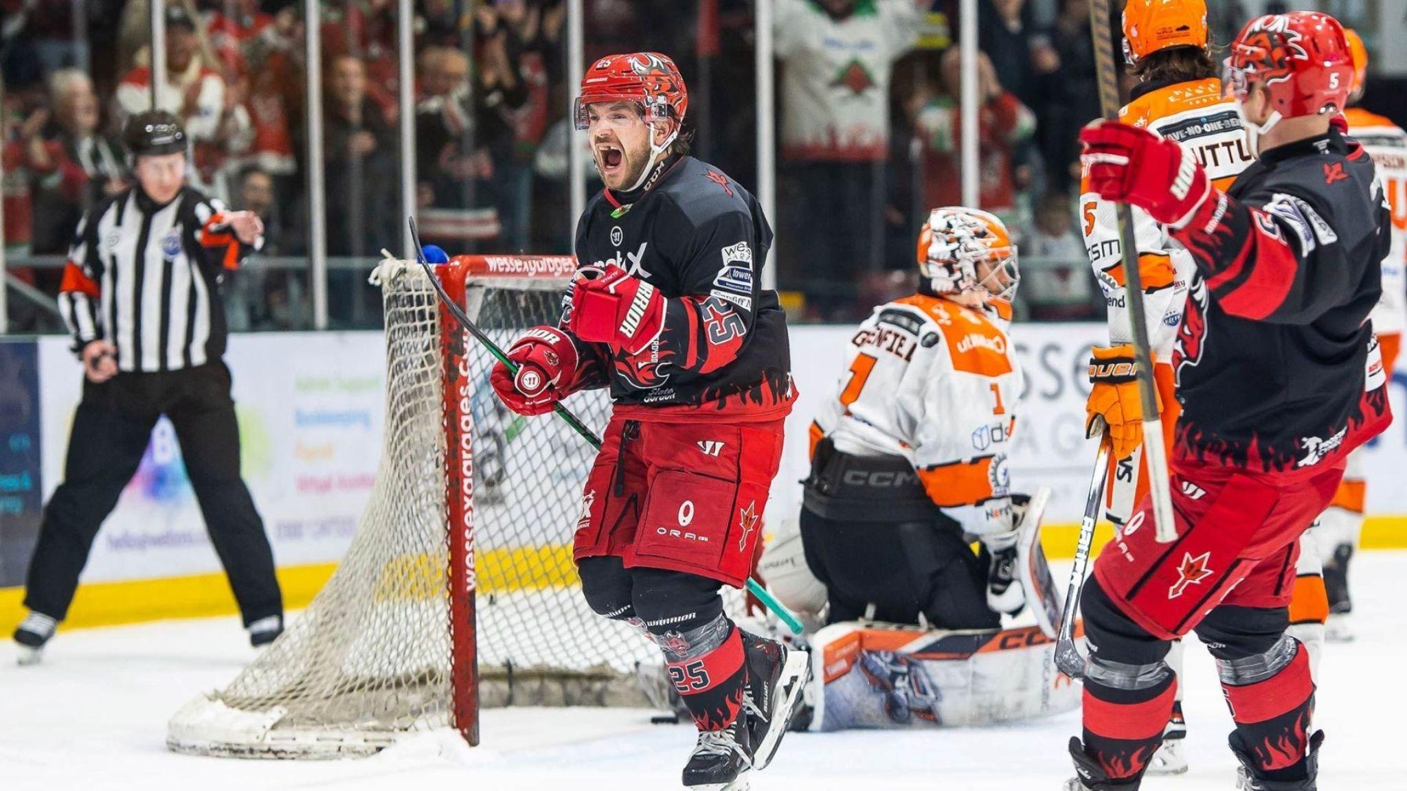 Riley Brandt scores for Cardiff Devils against Sheffield Steelers