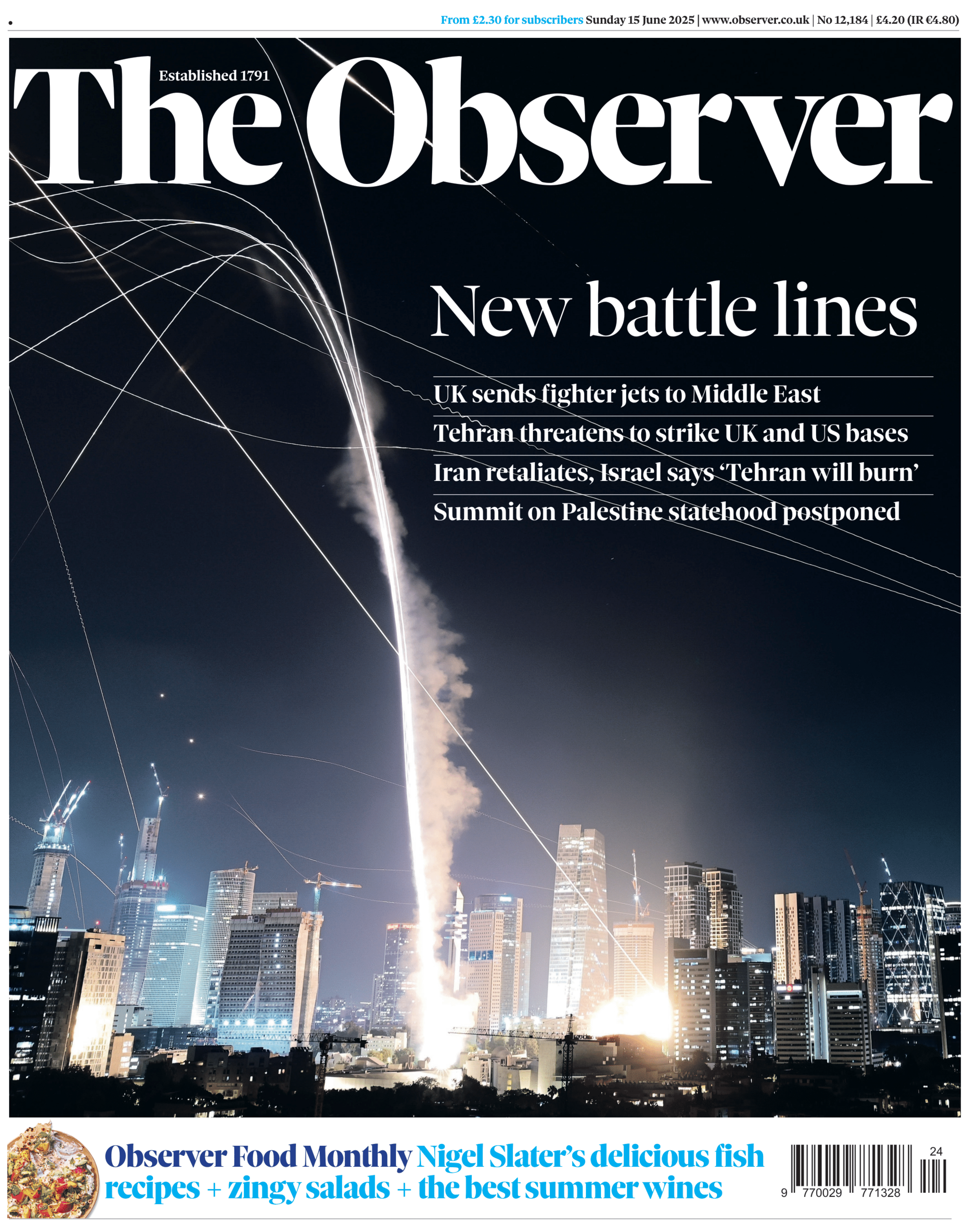 A large image of the Tel Aviv skyline at night. The trail of missiles can be seen streaking through the sky, with blasts on the ground. The headline reads "New battle lines".
