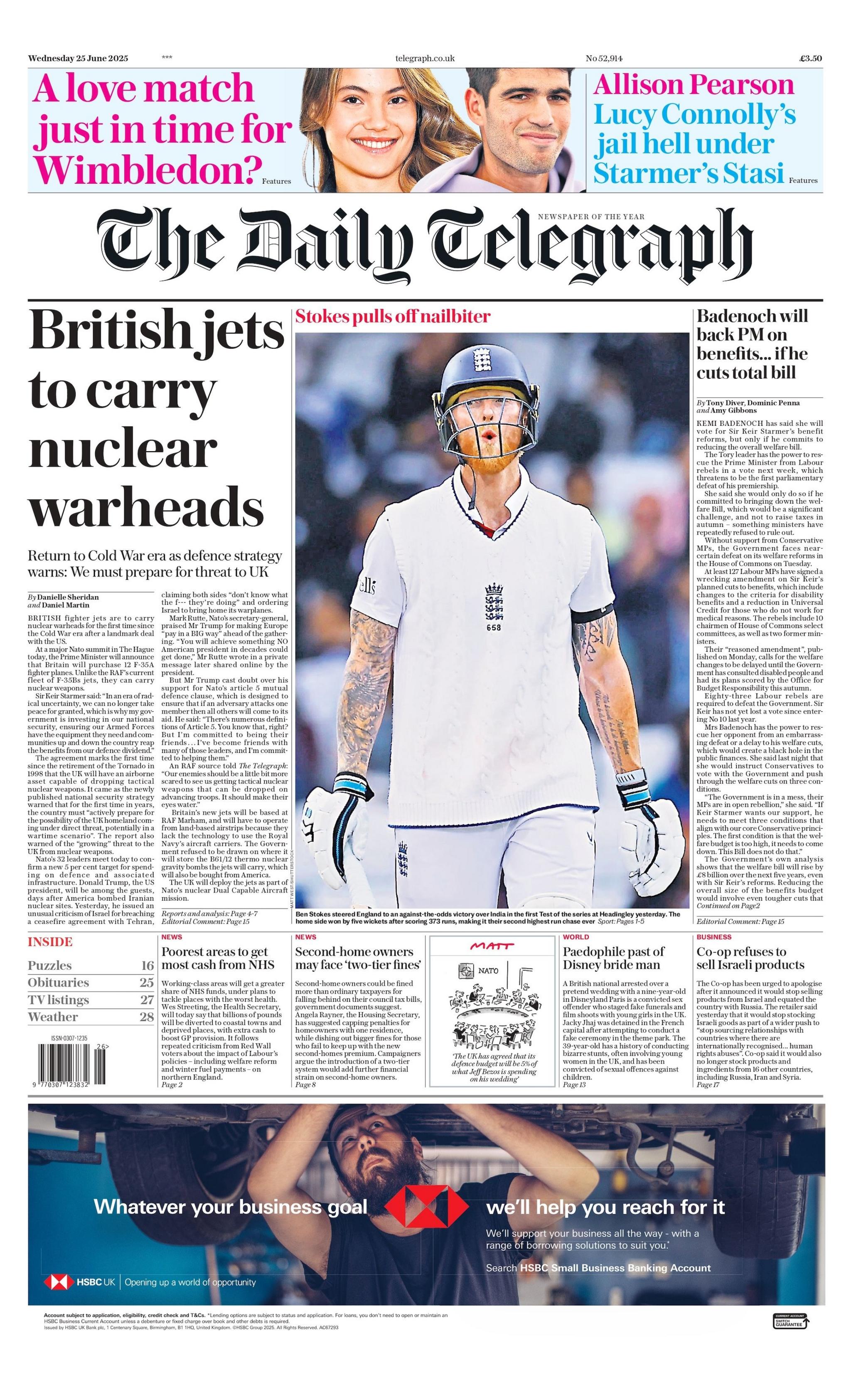 "British jets to carry nuclear warheads" reads teh headline on the front page of The Daily Telegraph.
