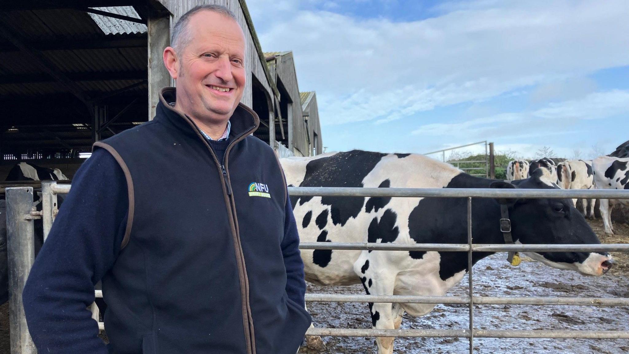Stephen Dark is smiling as he stands in front of a gate on a blue sky day. Behind him is a black and white Holstein. Mr Dark has his hands in his pockets and is wearing a NFU-branded fleece waistcoat over a jumper. The cow has a tracking collar around its neck. Behind it are four more cows.