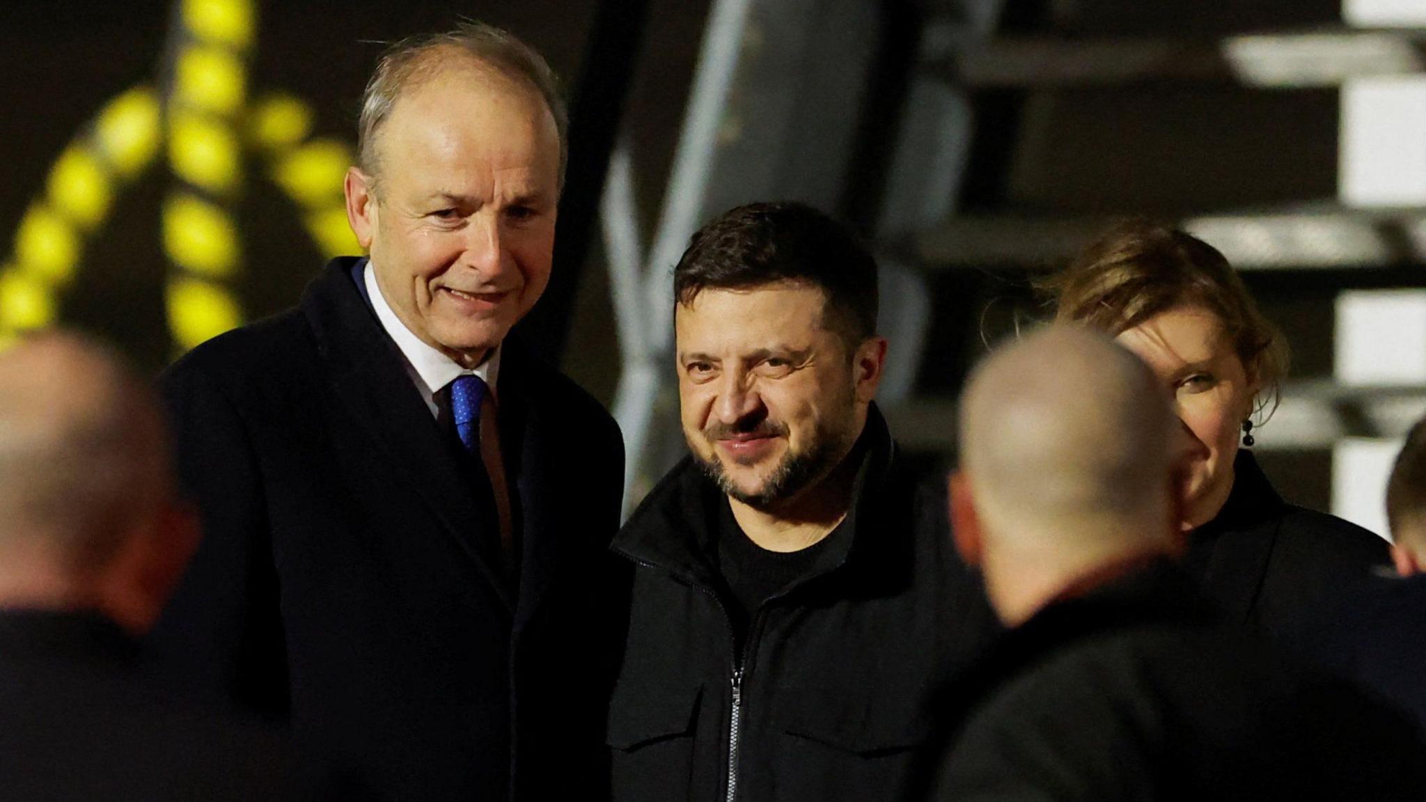 
Irish Taoiseach (Prime Minister) Micheal Martin stands with Ukrainian President Volodymyr Zelenskiy, accompanied by Ukraine's First Lady, Olena Zelenska, as he arrives for an Irish state visit at Dublin Airport, in Dublin, Ireland,