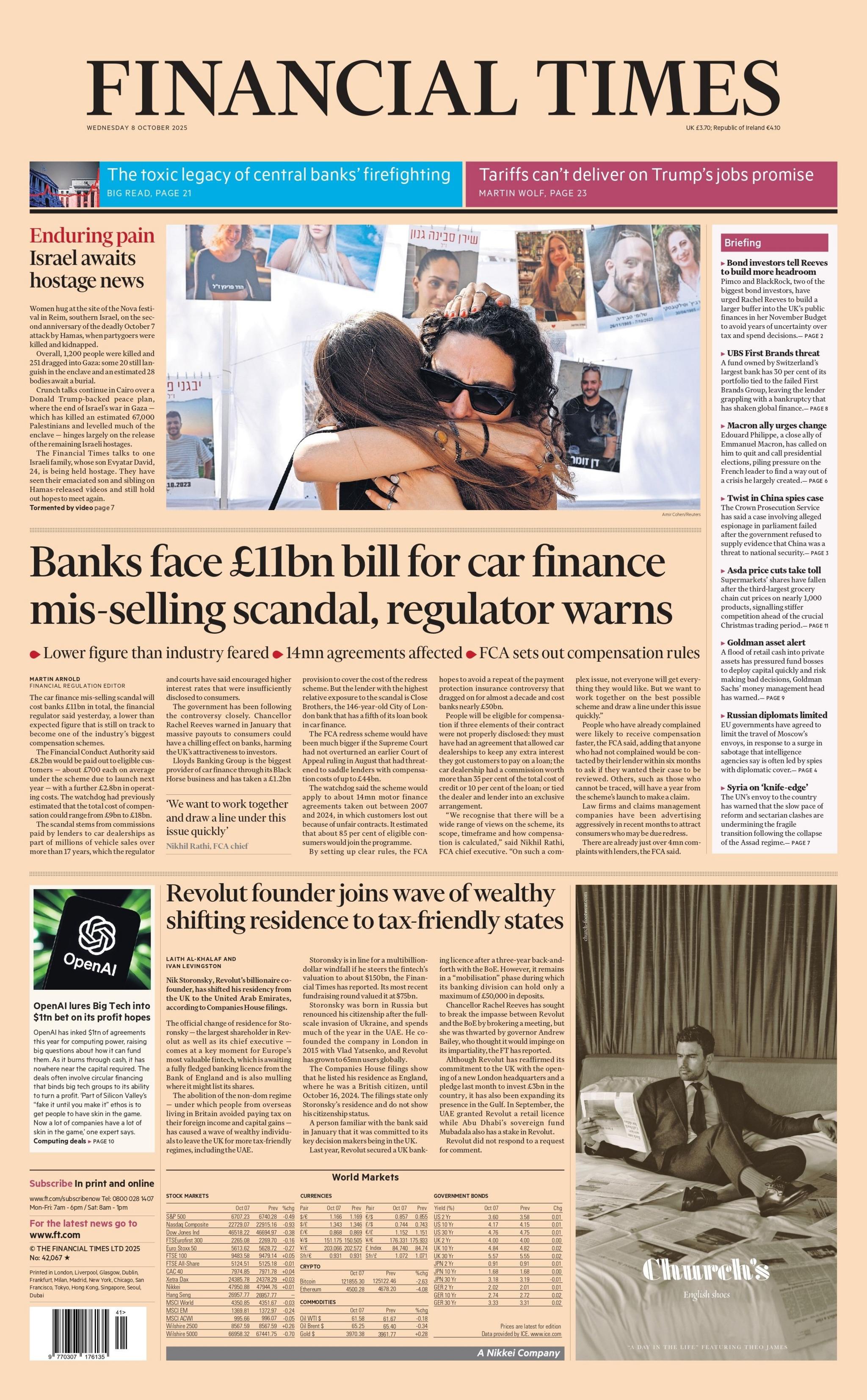The headline on the front page of the Financial Times reads: "Banks face £11bn bill for car finance mis-selling scandal, regulator warns."