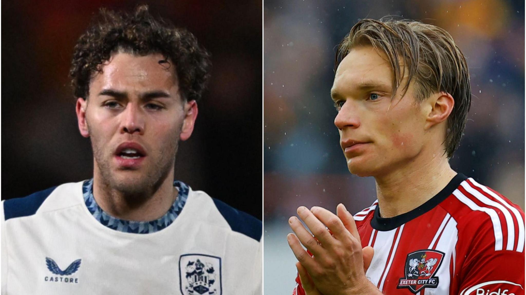 Dion Charles playing for Huddersfield Town and Ilmari Niskanen clapping Exeter fans after they were relegated last season