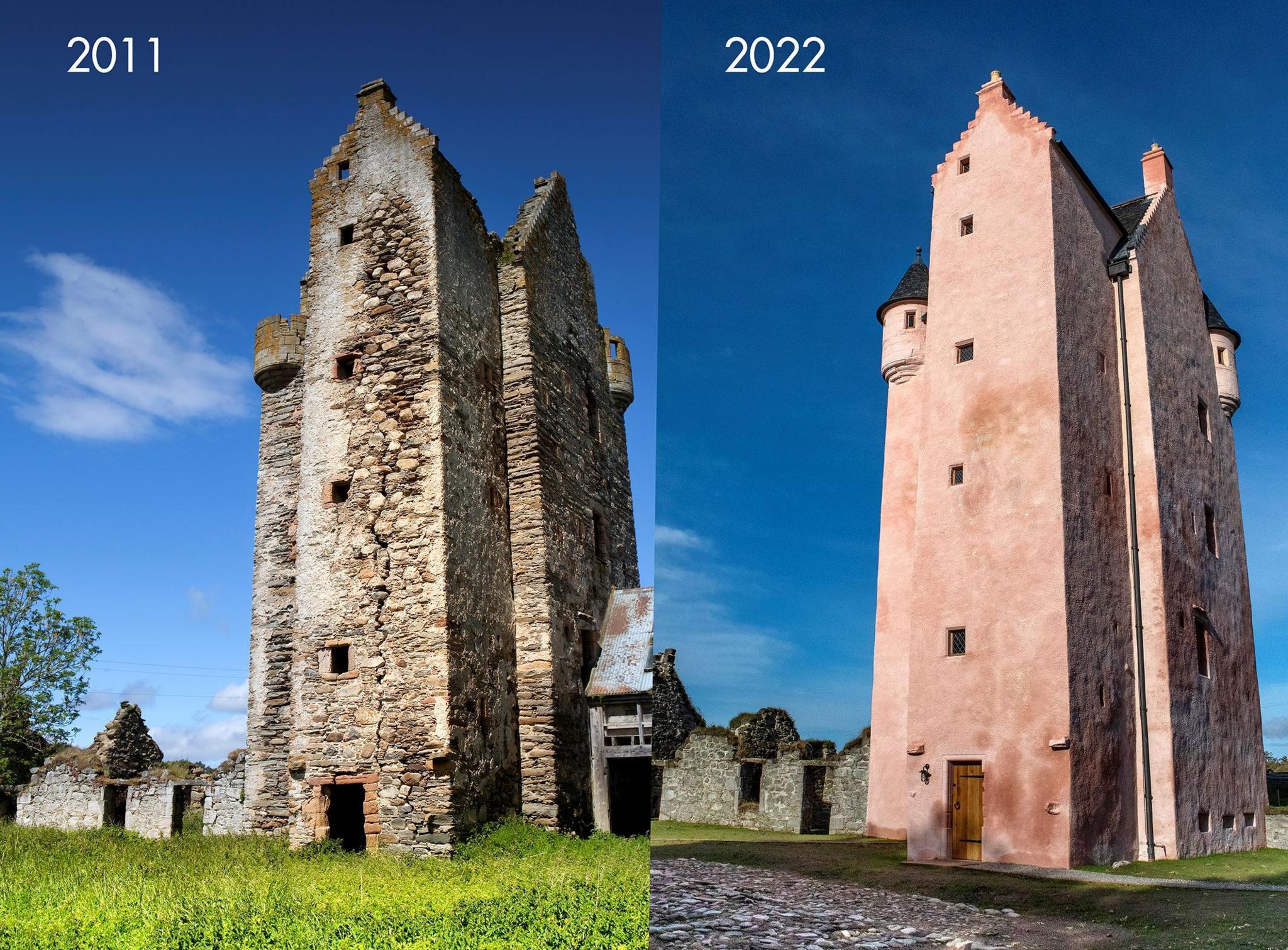 Fairburn Tower in 2011 looking very wrecked and neglected and then in 2022 looking all fresh and pink