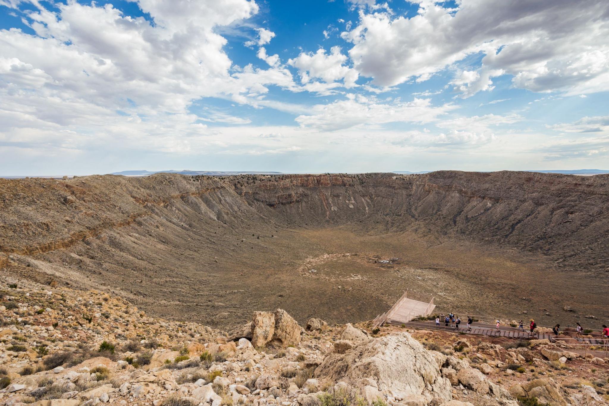 A photograph of the Barringer Crater in Arizona, US was formed by a meteorite about 50m across that hit 50,000 years ago