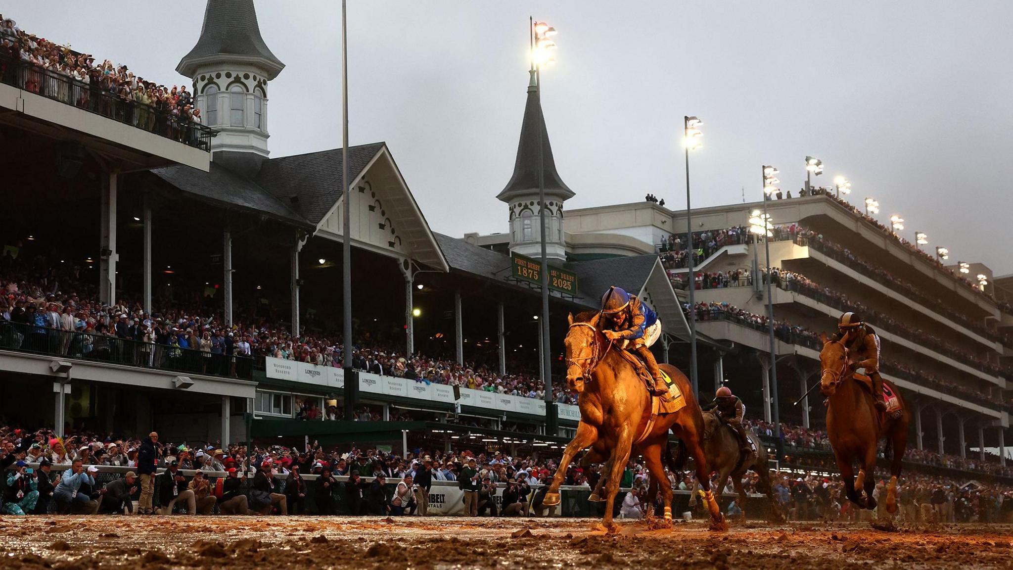 Junior Alvarado crosses the finish like riding Sovereignty to win the 151st running of the Kentucky Derby at Churchill Downs n Louisville, Kentucky