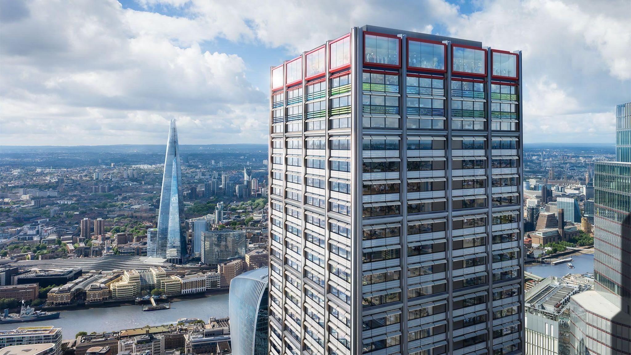 An illustrative image of the proposed skyscraper with The Shard seen on the other side of the River Thames