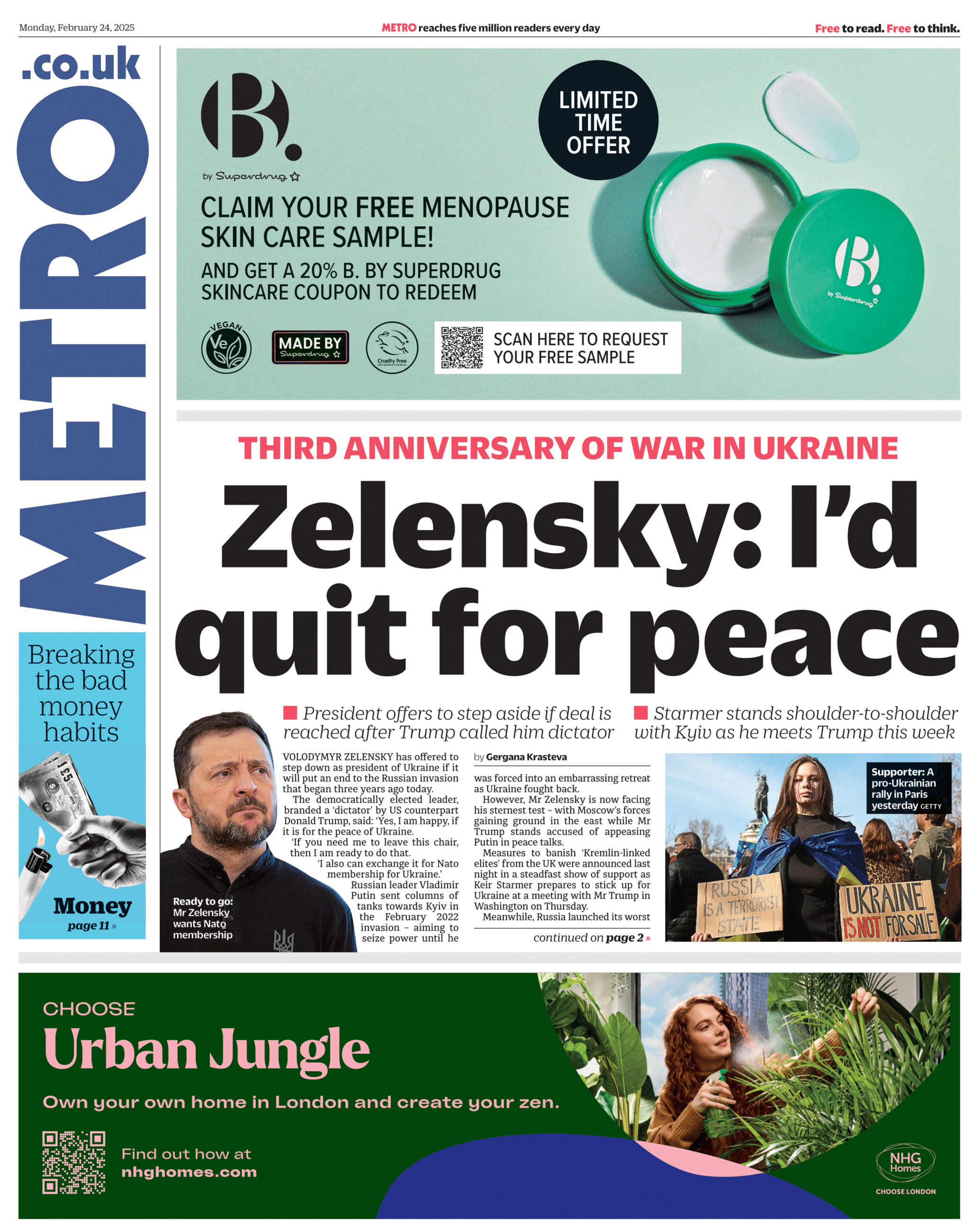 The front page of the Metro newspaper