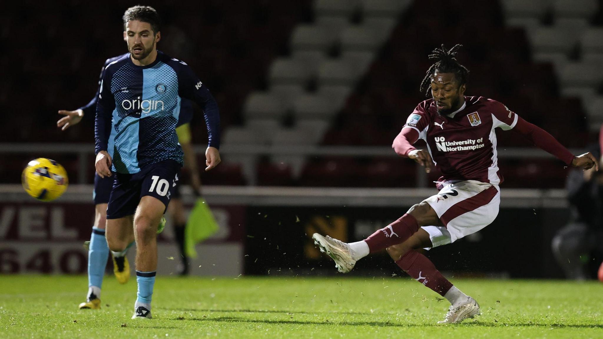 Kyle Edwards fires in a left-foot shot against Wycombe Wanderers