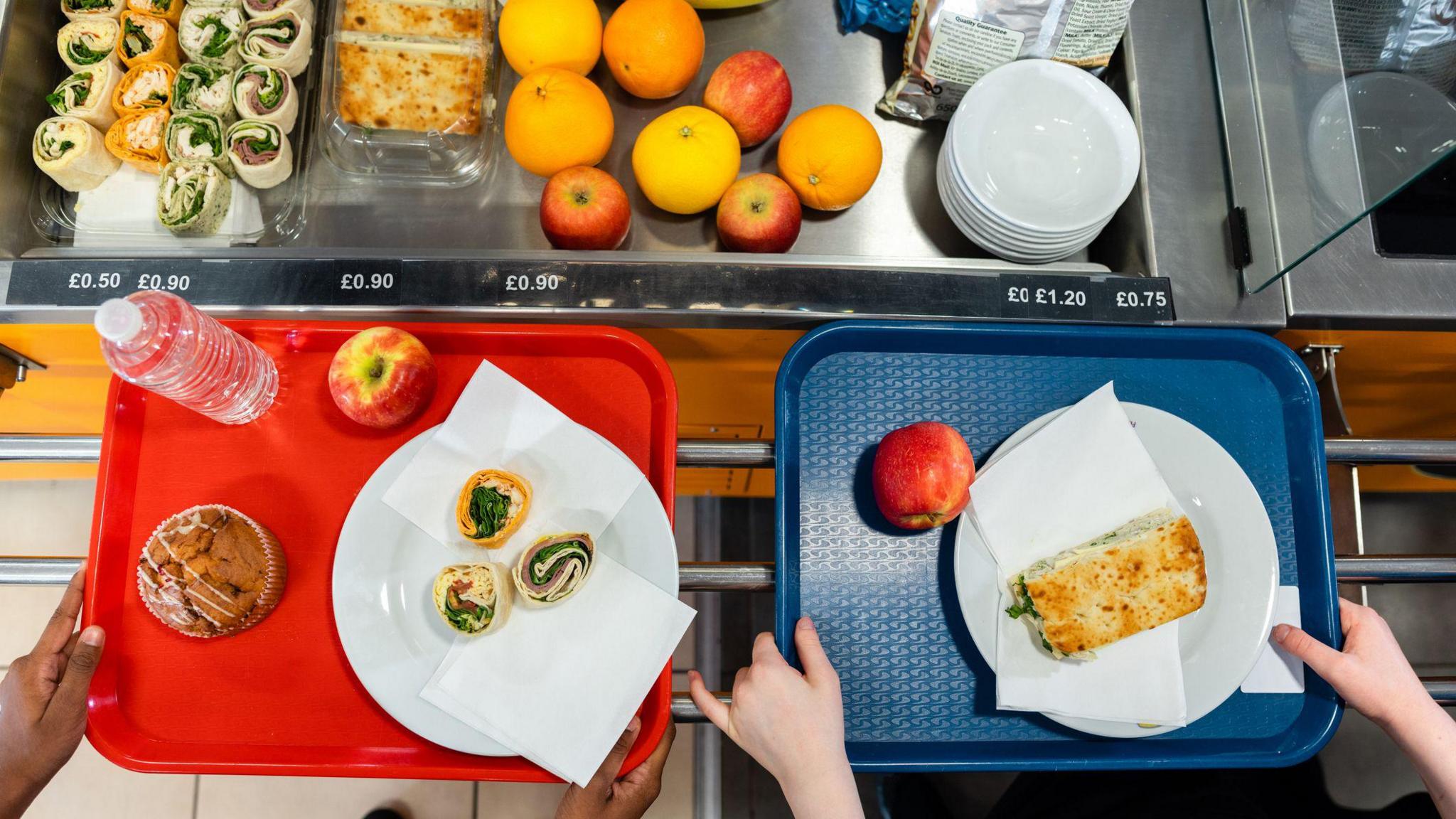 Stock image of some school meals on trays - wraps, fruit, bottles of water