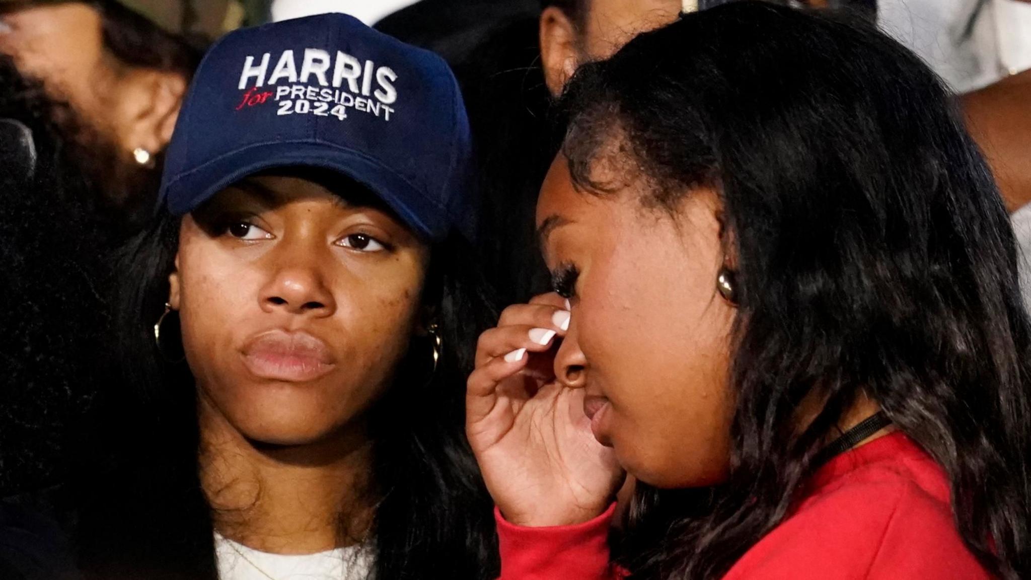 Supporters react during the Election Night rally for U.S. Democratic presidential nominee Kamala Harris