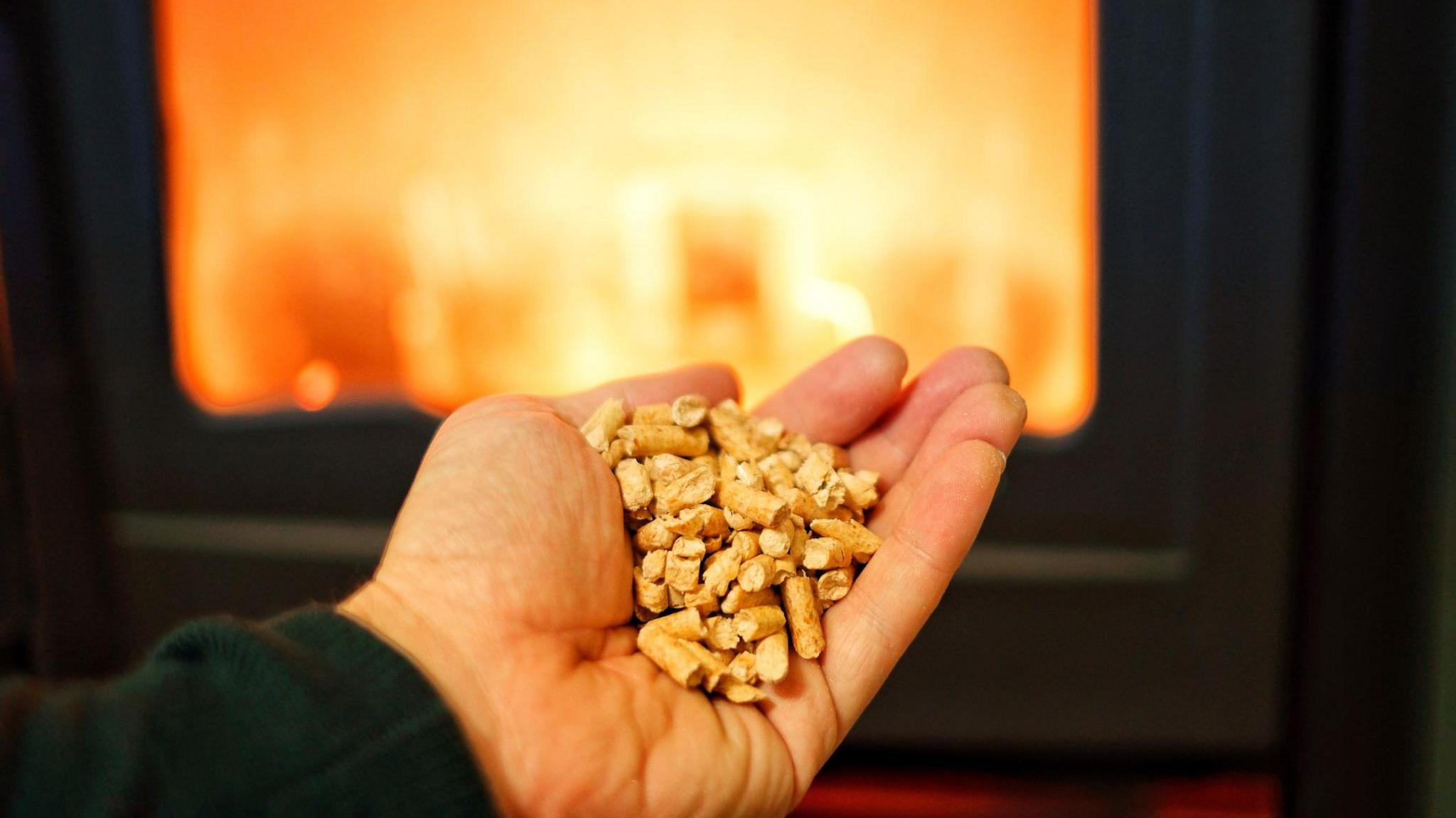 An outstretched hand holding wood pellets. There is a fire in a contained dark metal structure in the background.