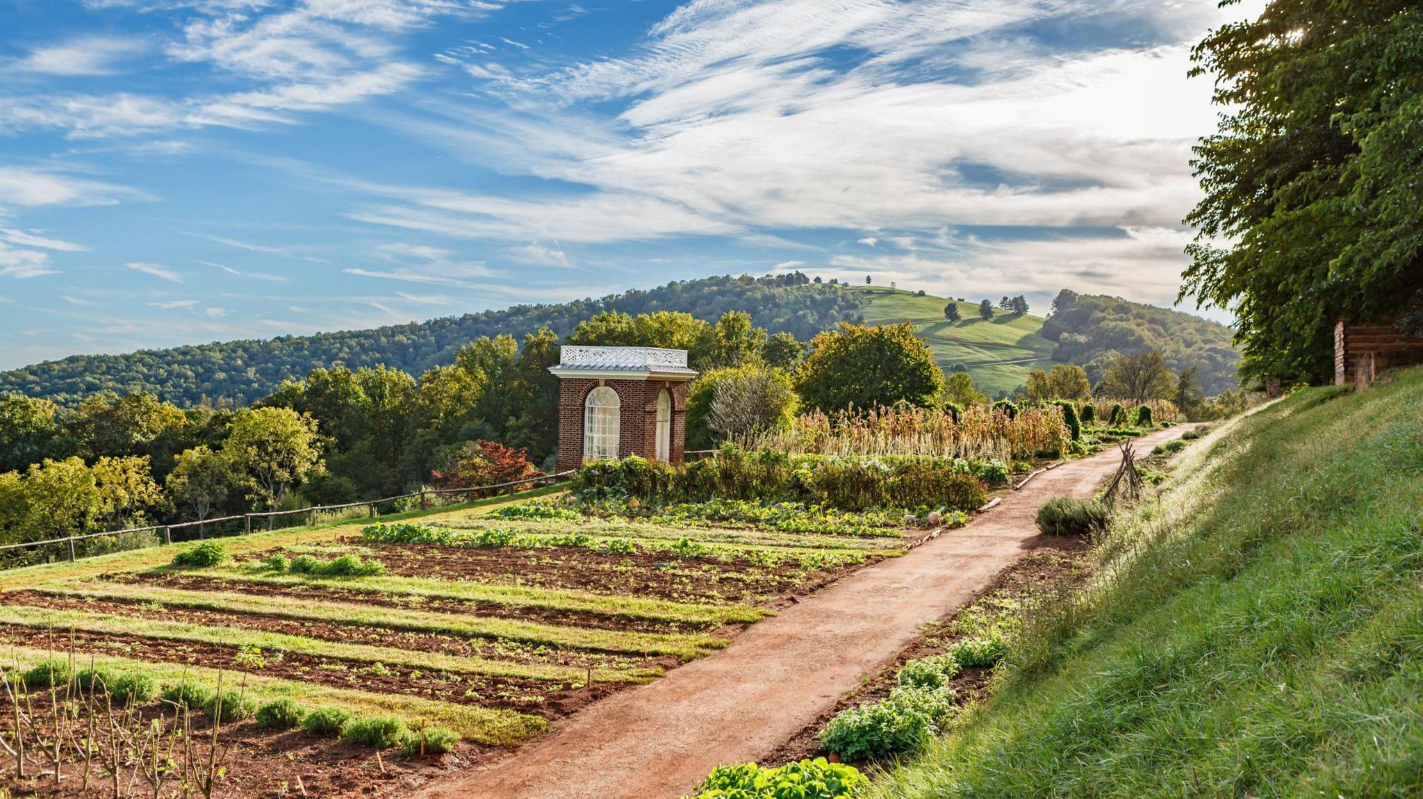 A row of vegetable plots and a small brick pavilion in a rural landscape