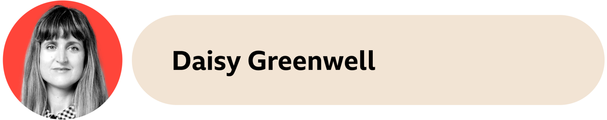 An image of Daisy Greenwell in a red circle to the left. The face is next to a beige box that reads "Daisy Greenwell" 