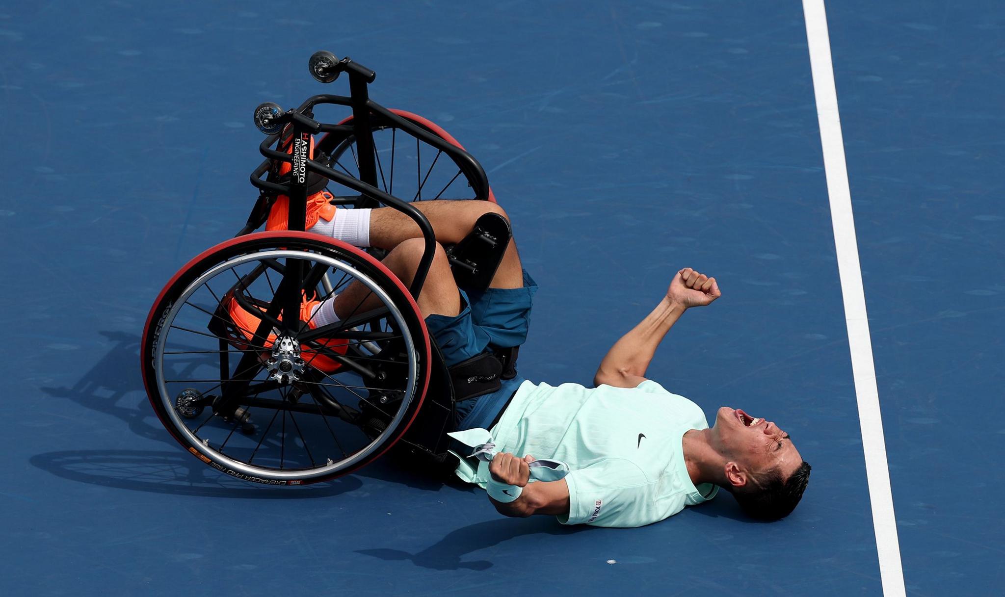 Japan's Tokito Oda celebrates after winning match point against Gustavo Fernandez of Argentina during their Wheelchair Men's Singles Final match on Day Fourteen of the 2025 US Open at USTA Billie Jean King National Tennis Center in New York. Photo by Clive Brunskill