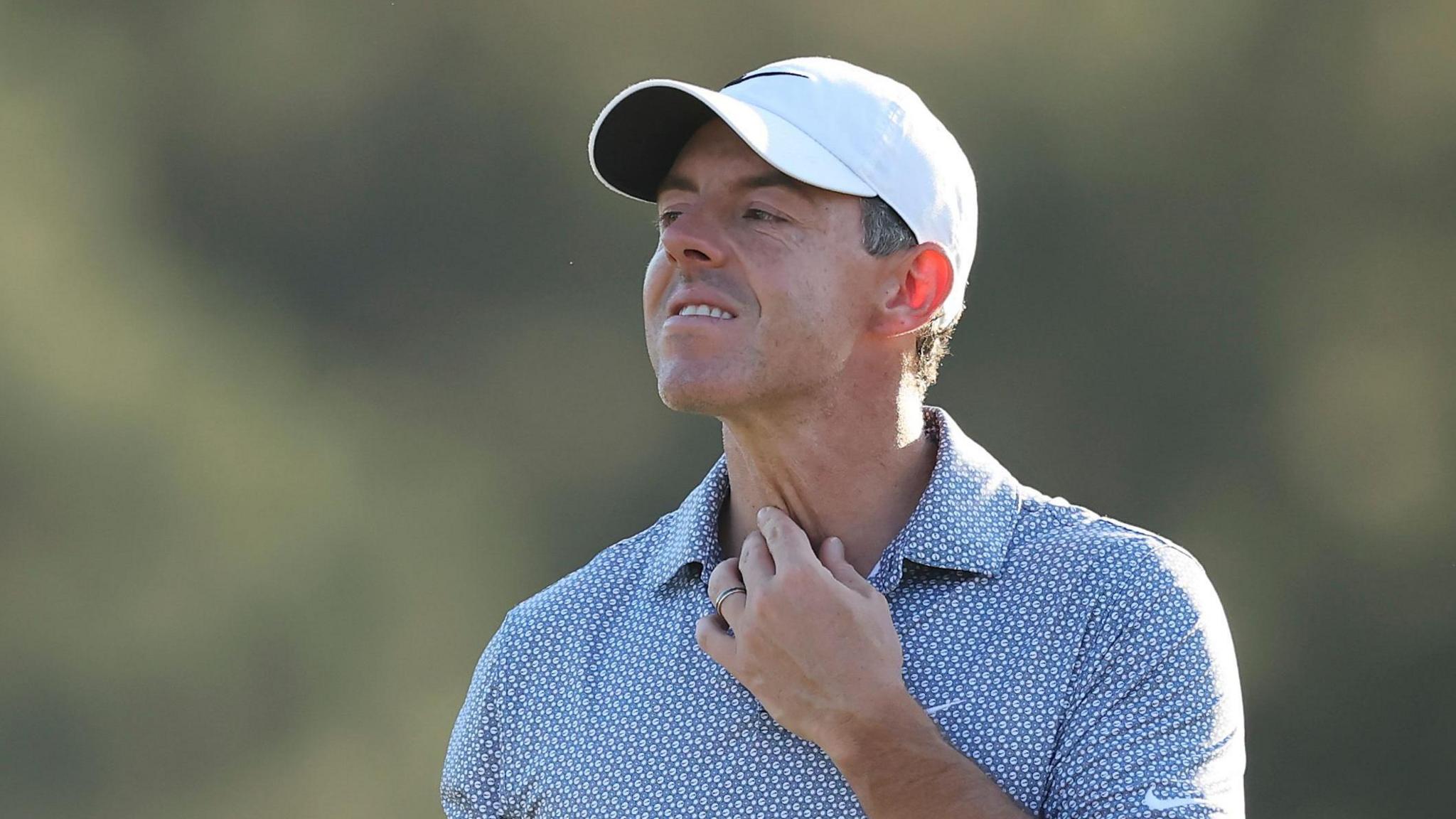 Rory McIlroy reacts during the 2026 Masters