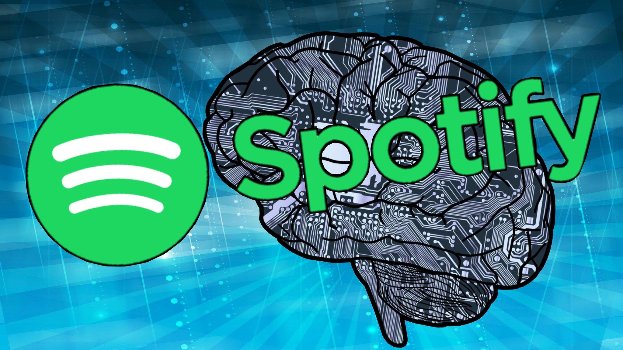 Spotify logo in front of a robotic brain.