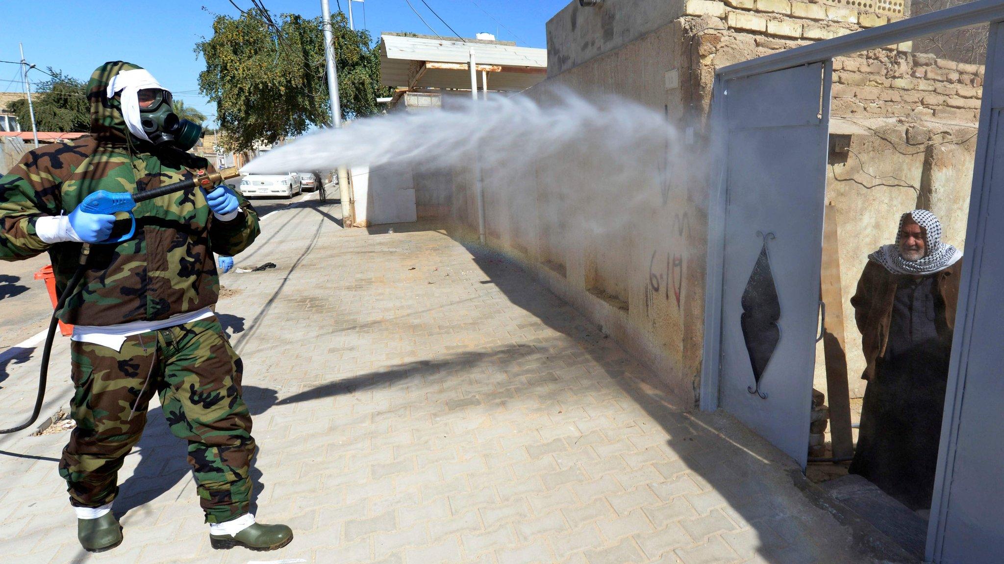 An Iraqi man looks out of a doorway as a civil defence worker disinfects an area of Najaf where Covid-19 cases have been detected (3 February 2020)