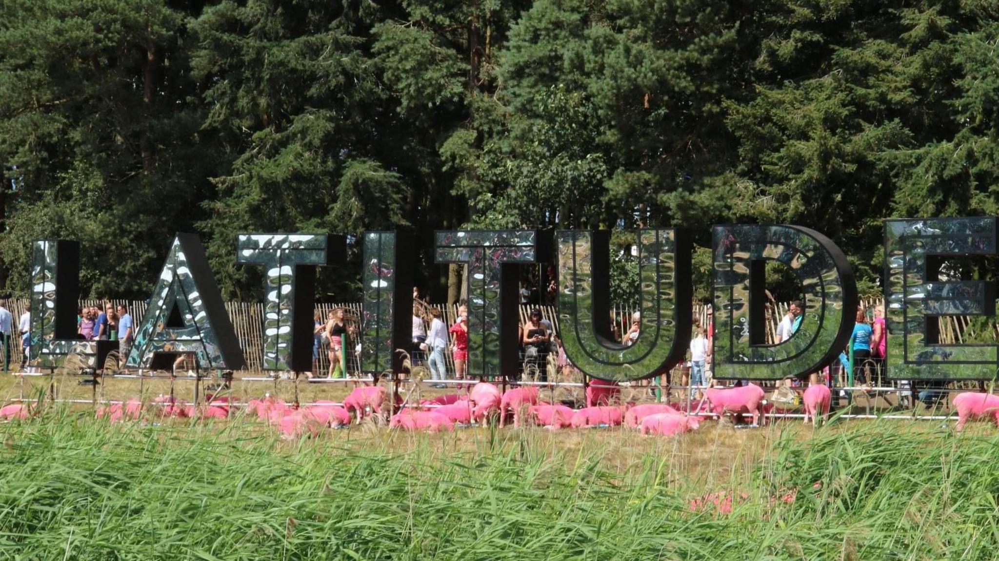 A large reflective sign which says Latitude with pink sheep grazing in front of it