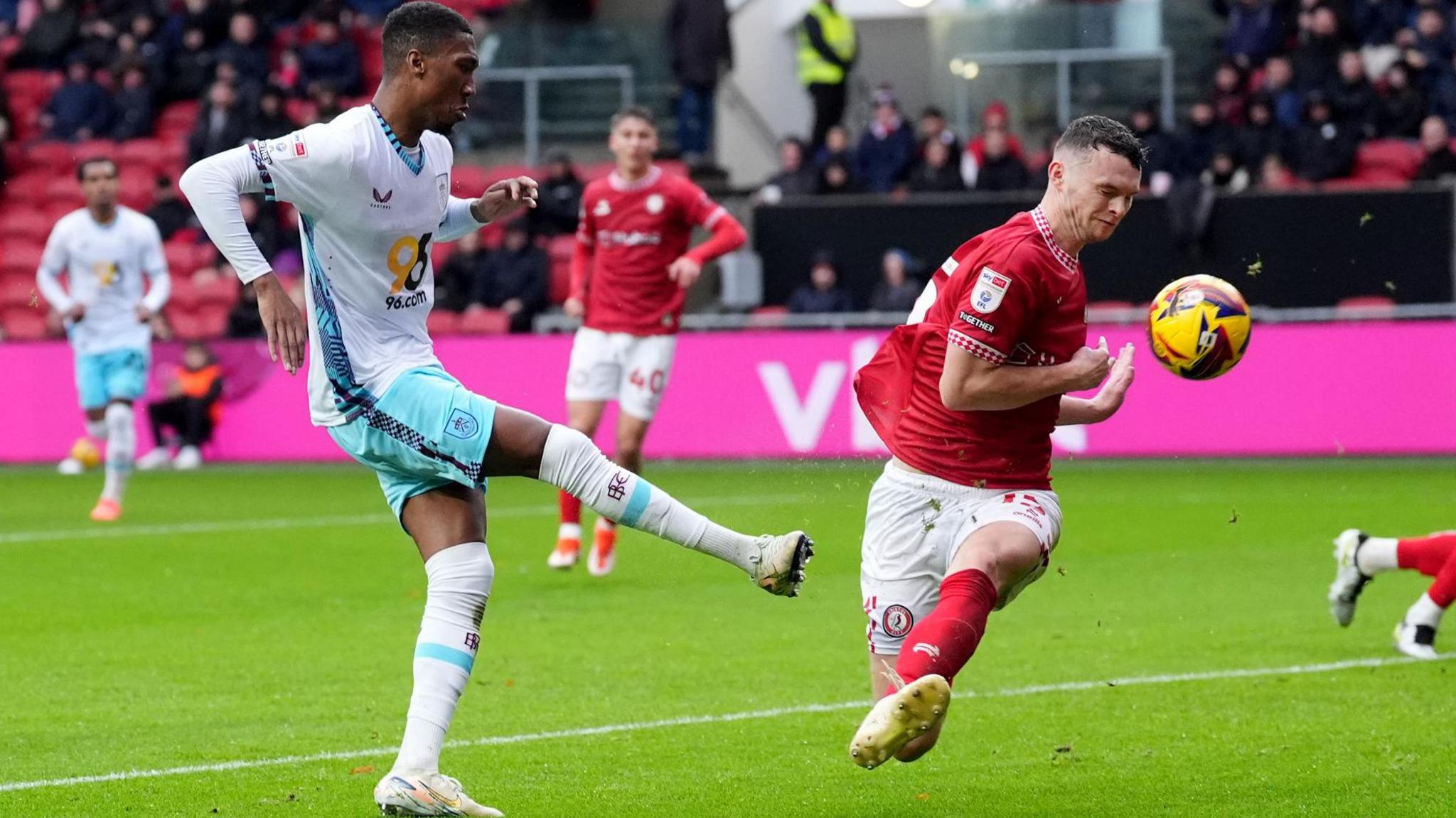 Burnley's Jaidon Anthony scores their side's first goal of the game during the Championship match at Ashton Gate, Bristol. 