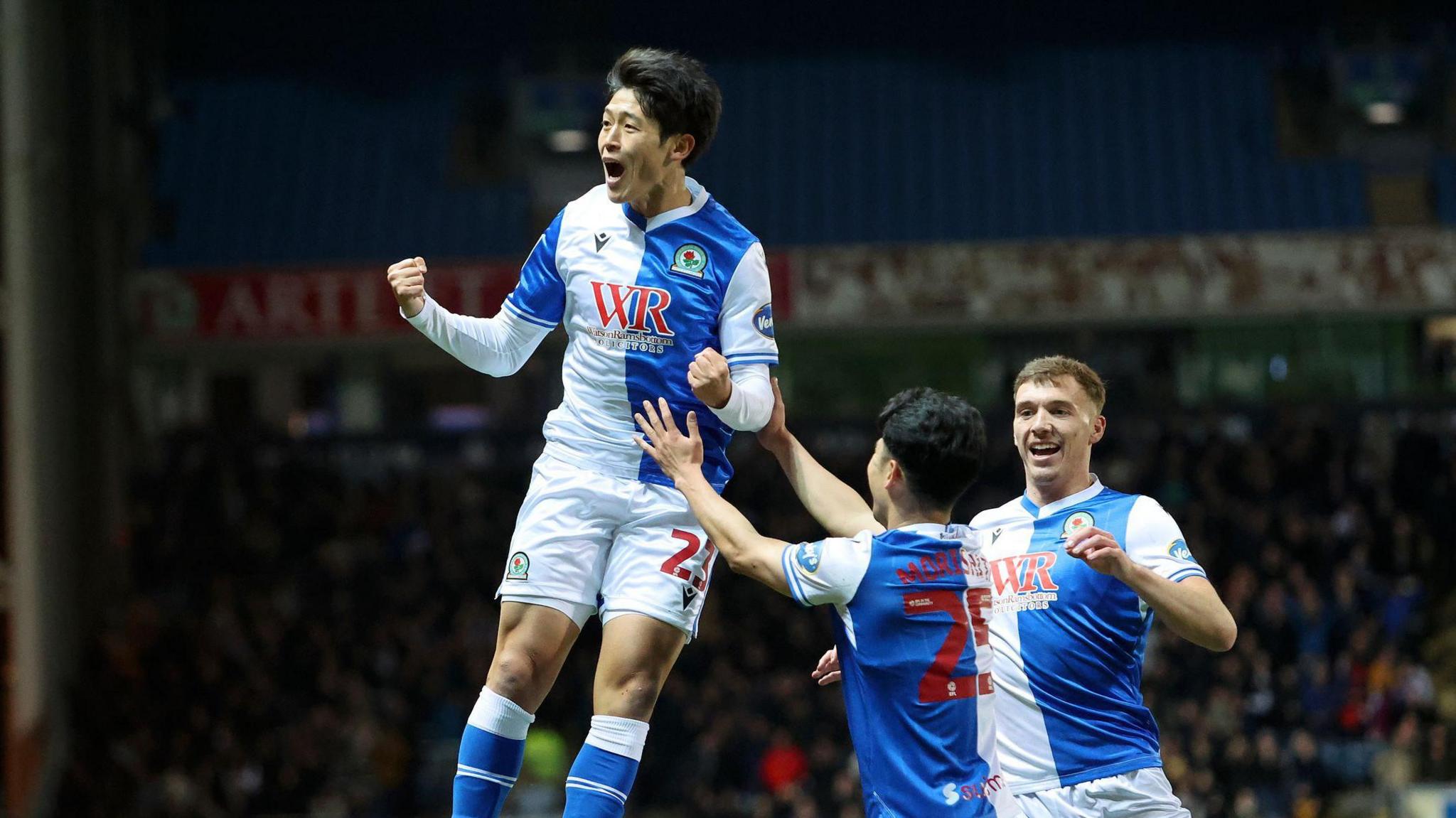 Yuki Ohashi celebrating scoring for Blackburn by jumping in the air
