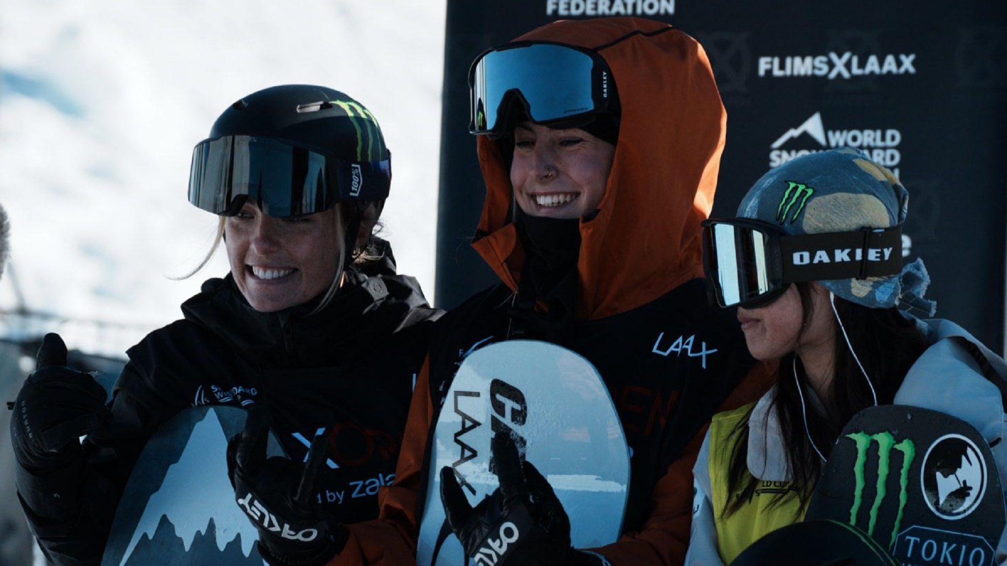 Mia Brookes, centre, on the podium after winning World Cup slopestyle in Laax, Switzerland. She is alongside New Zealand's Zoi Sadowski Synnott, left, and Japan's Kokomo Murase