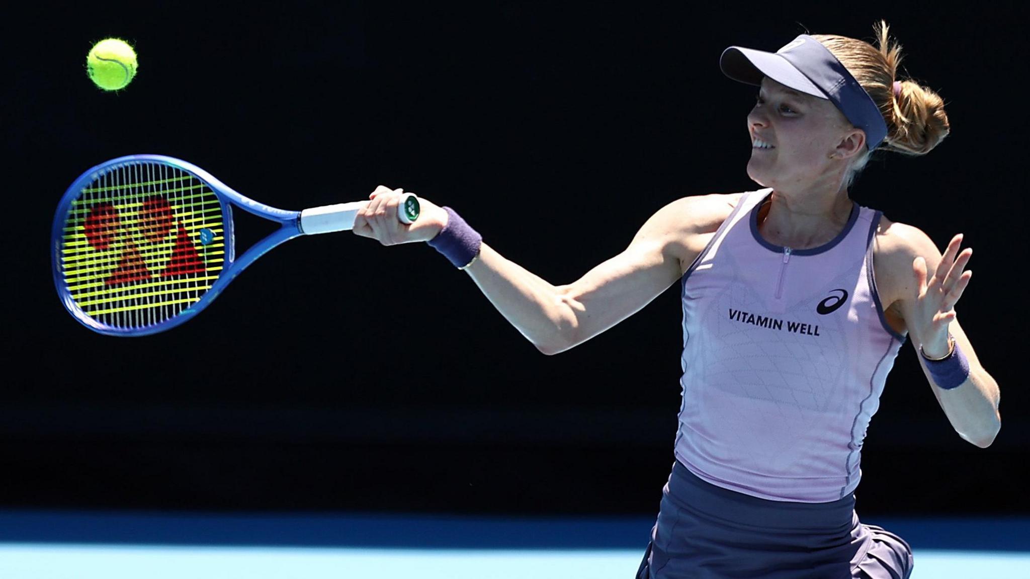 Harriet Dart of Great Britain plays a forehand in her second round match against Taylah Preston of Australia