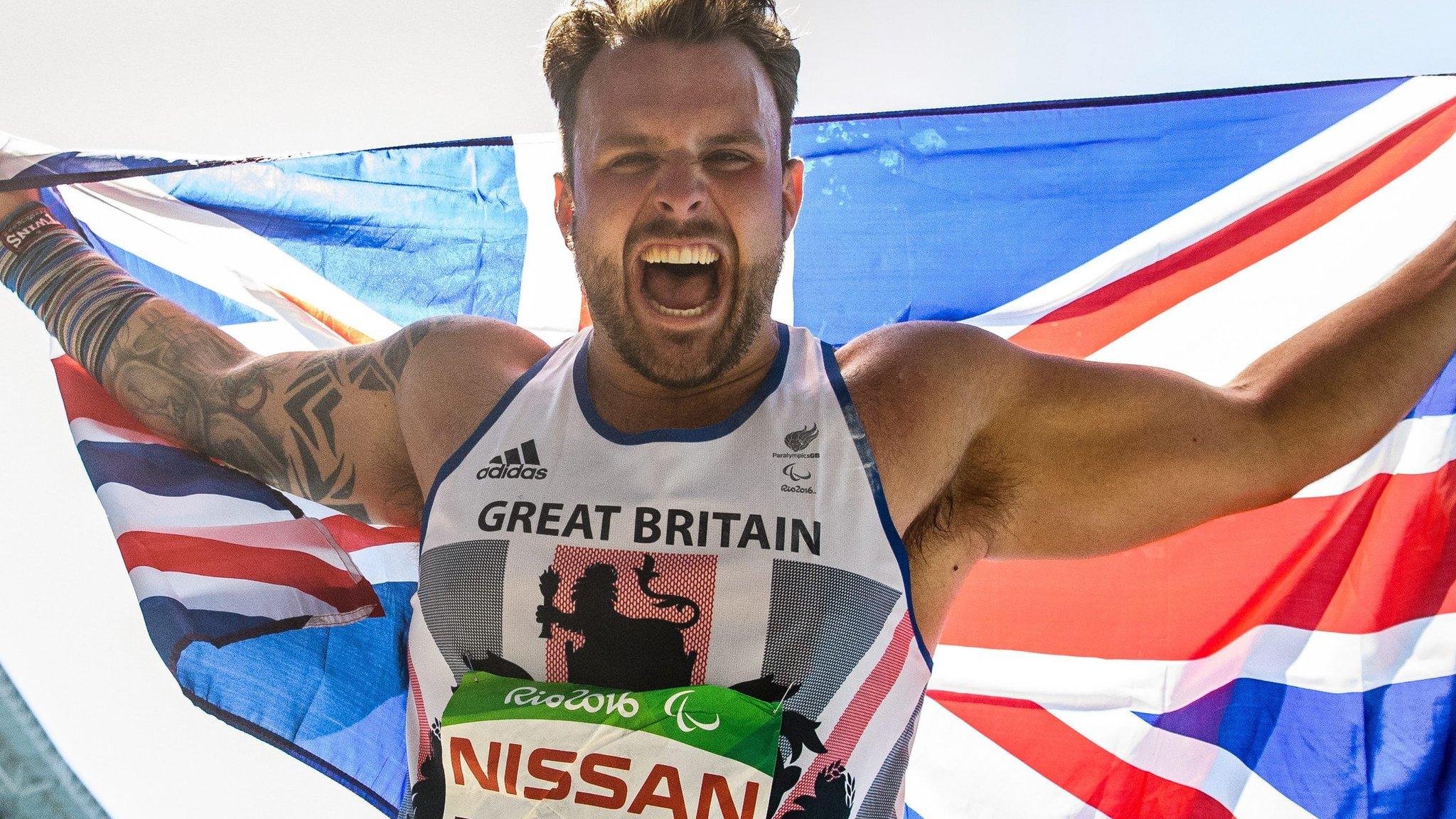 Aled Davies celebrates winning F42 shot put gold at the Rio Paralympics