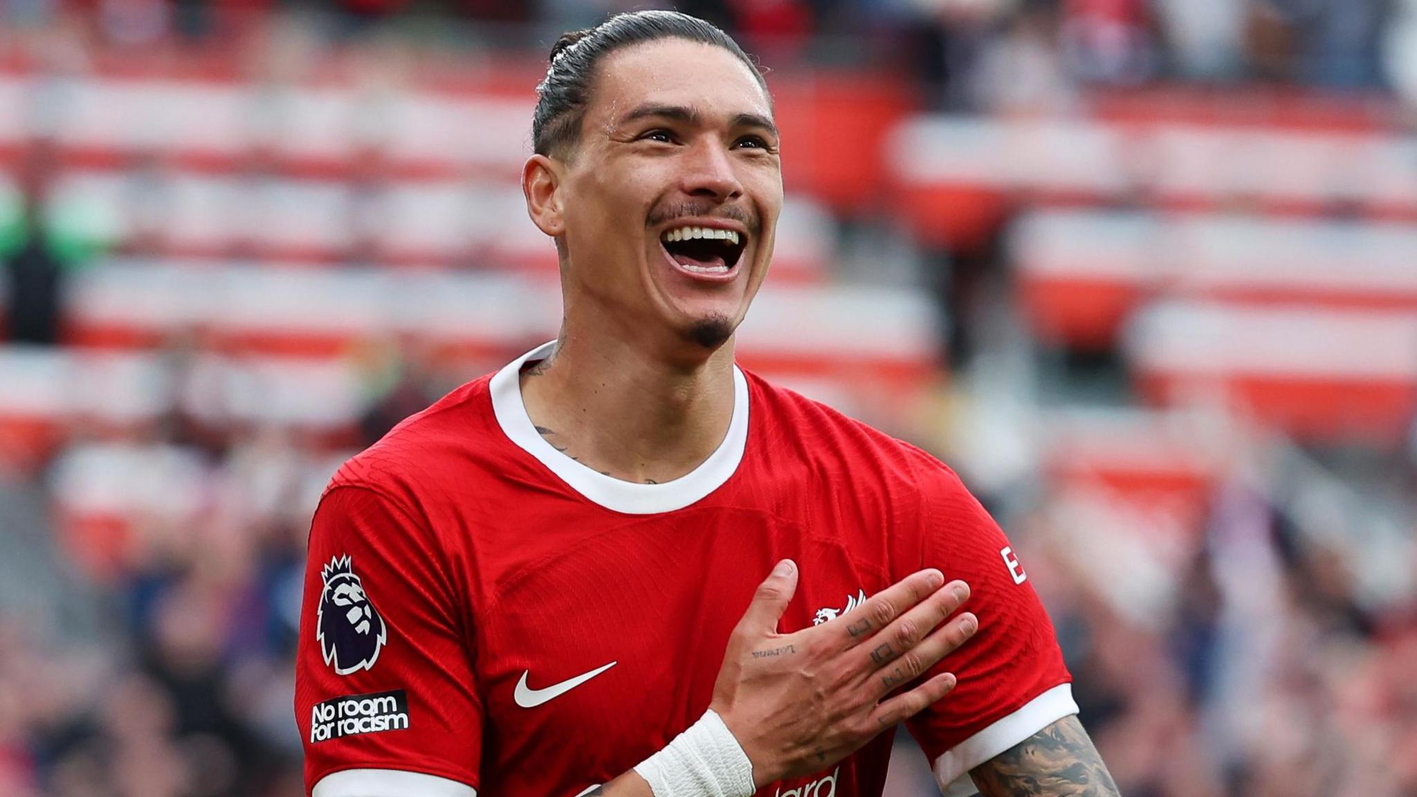 Darwin Nunez celebrates scoring a Premier League goal last season