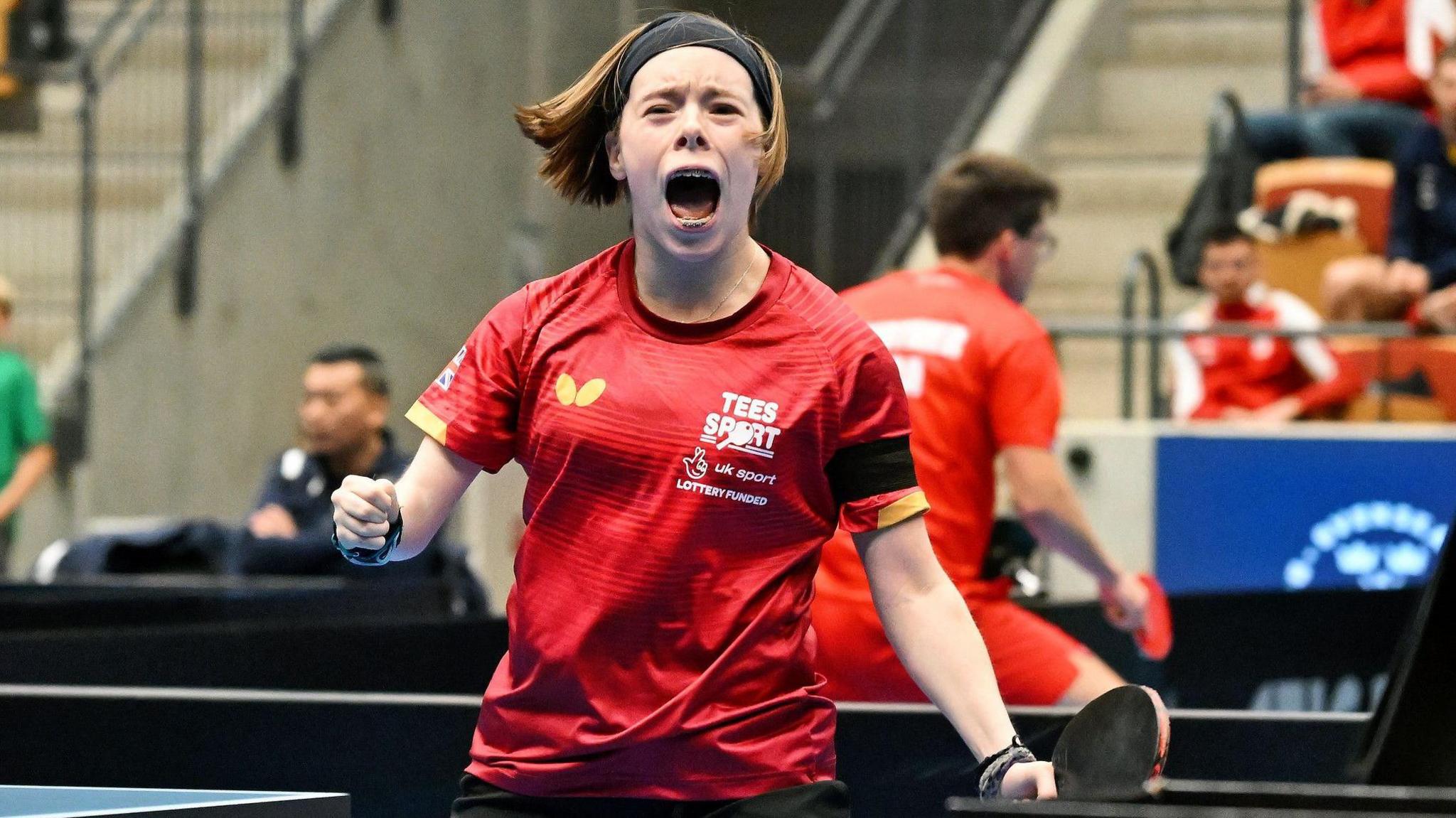 Bly Twomey celebrates at the ITTF European Para Table Tennis Championships