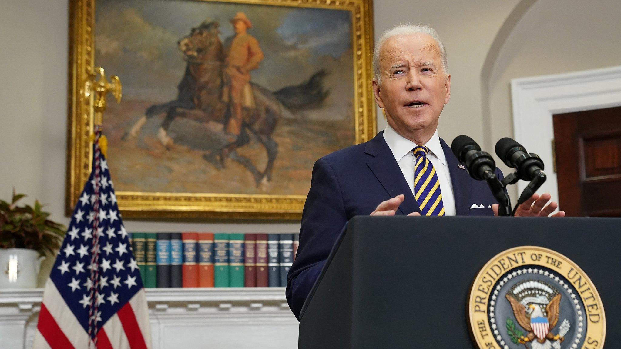 U.S. President Joe Biden announces actions against Russia for its war in Ukraine, during remarks in the Roosevelt Room at the White House in Washington, U.S., March 8, 2022