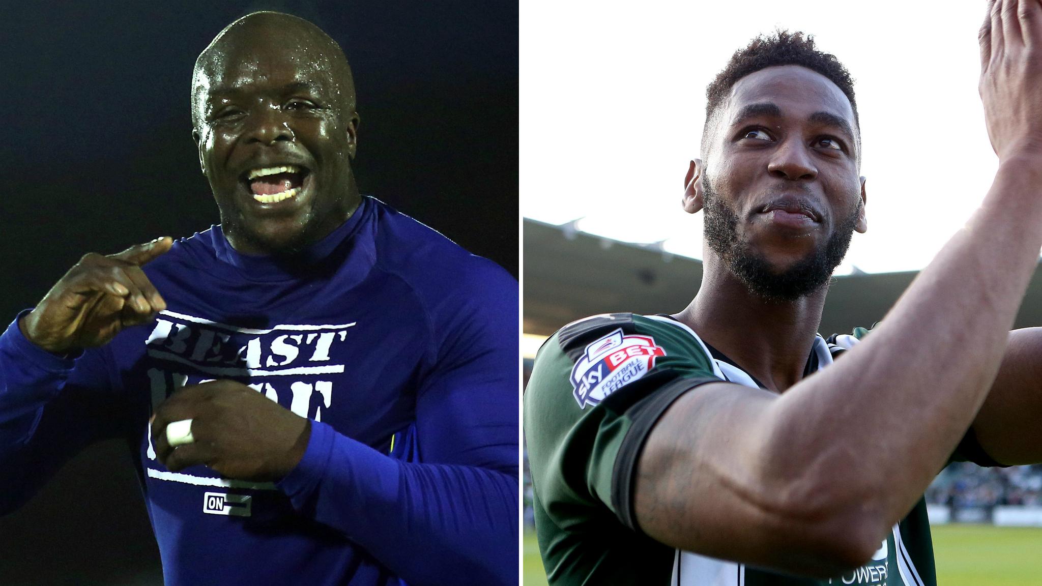 AFC Wimbledon's Adebayo Akinfenwa and Plymouth's Jamille Matt