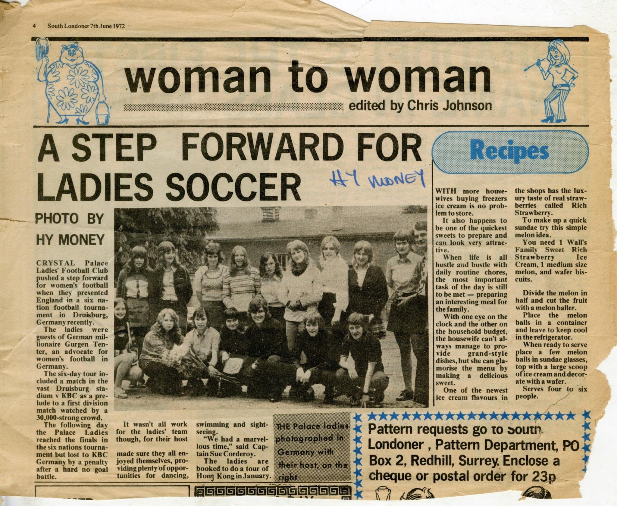 A newspaper clipping from 1972 with the headline "A Step Forward for Ladies Soccer," featuring a photo of the Crystal Palace Ladies' football team. The article highlights the team's participation in an international tournament in Germany, marking progress for women's football.