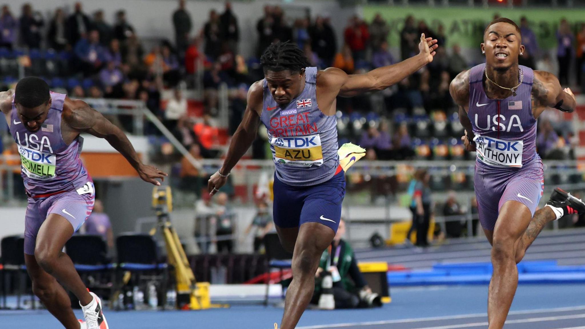 Jeremiah Azu dips for the line at the World Indoor Championships in Poland