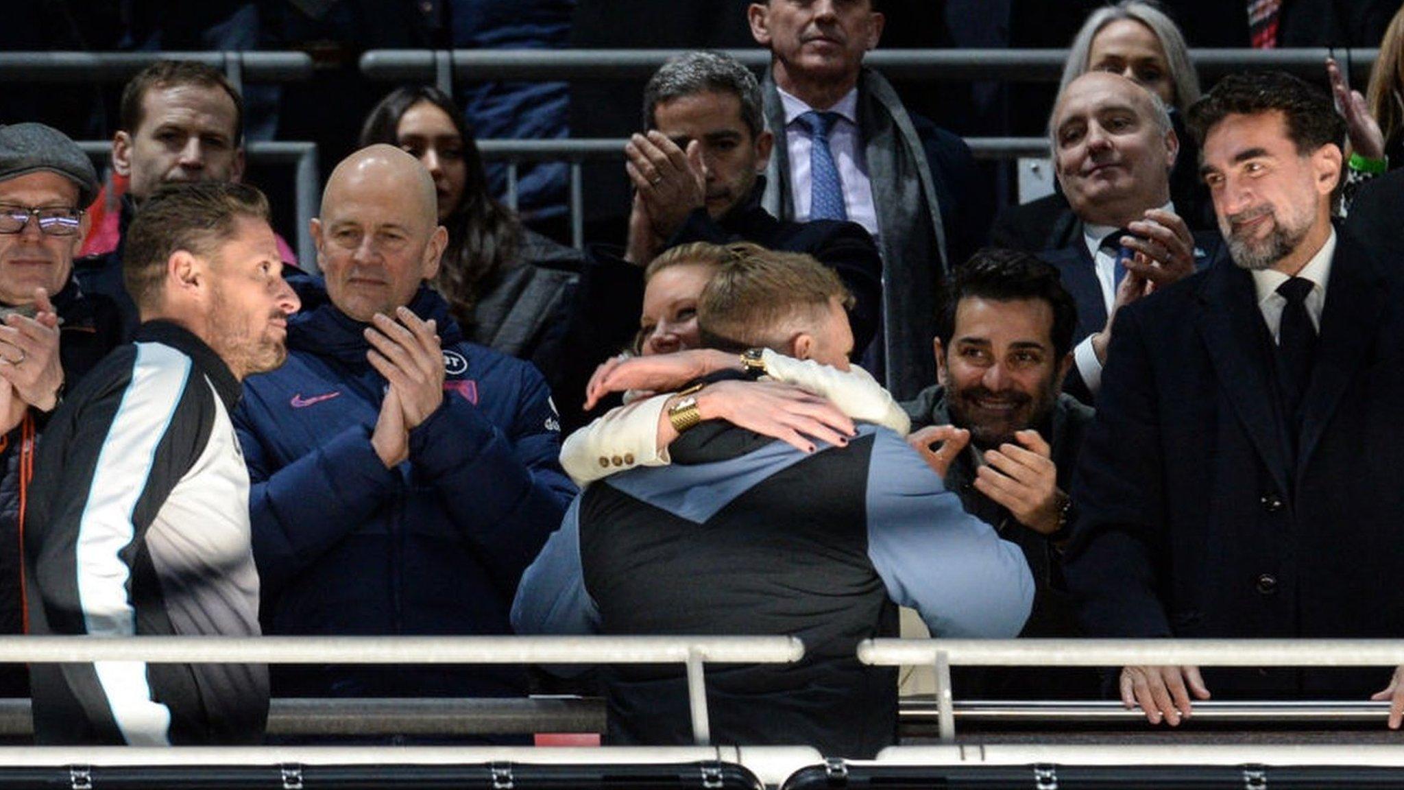 Newcastle boss Eddie Howe was commiserated with by the club's co-owner Amanda Staveley at Wembley.