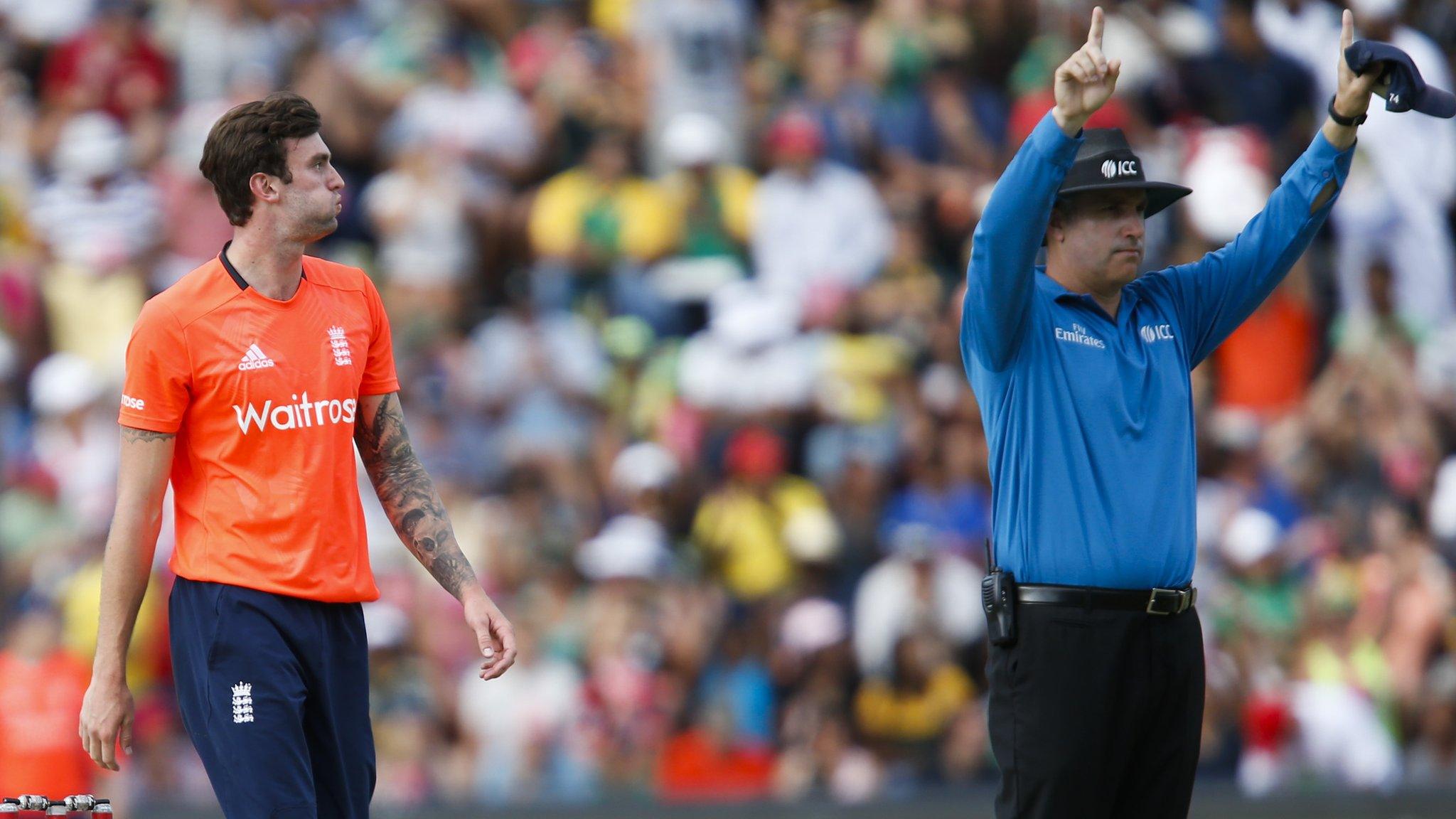 England bowler Reece Topley is hit for six