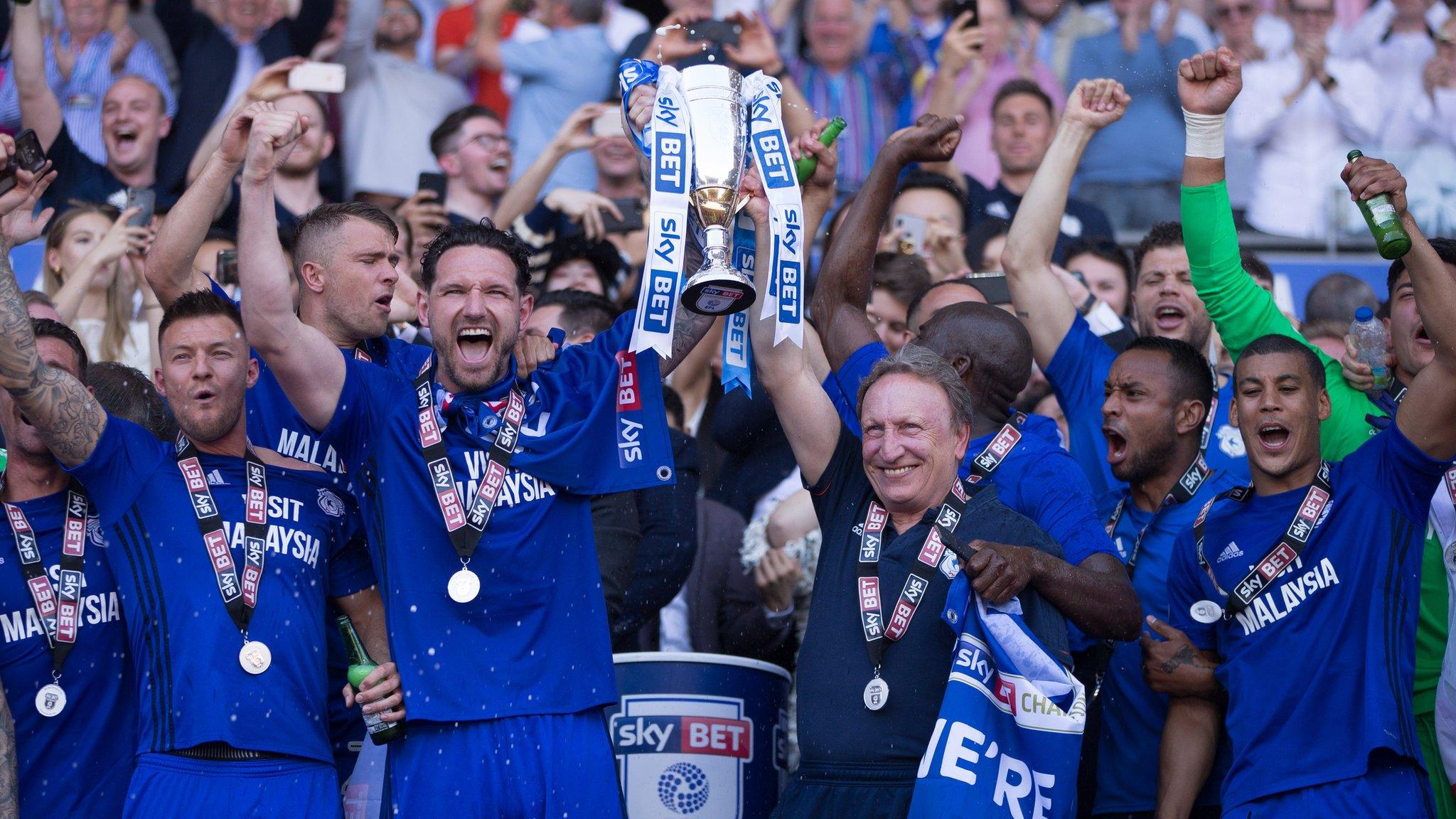 Sean Morrison of Cardiff City and Cardiff City manager Neil Warnock celebrate