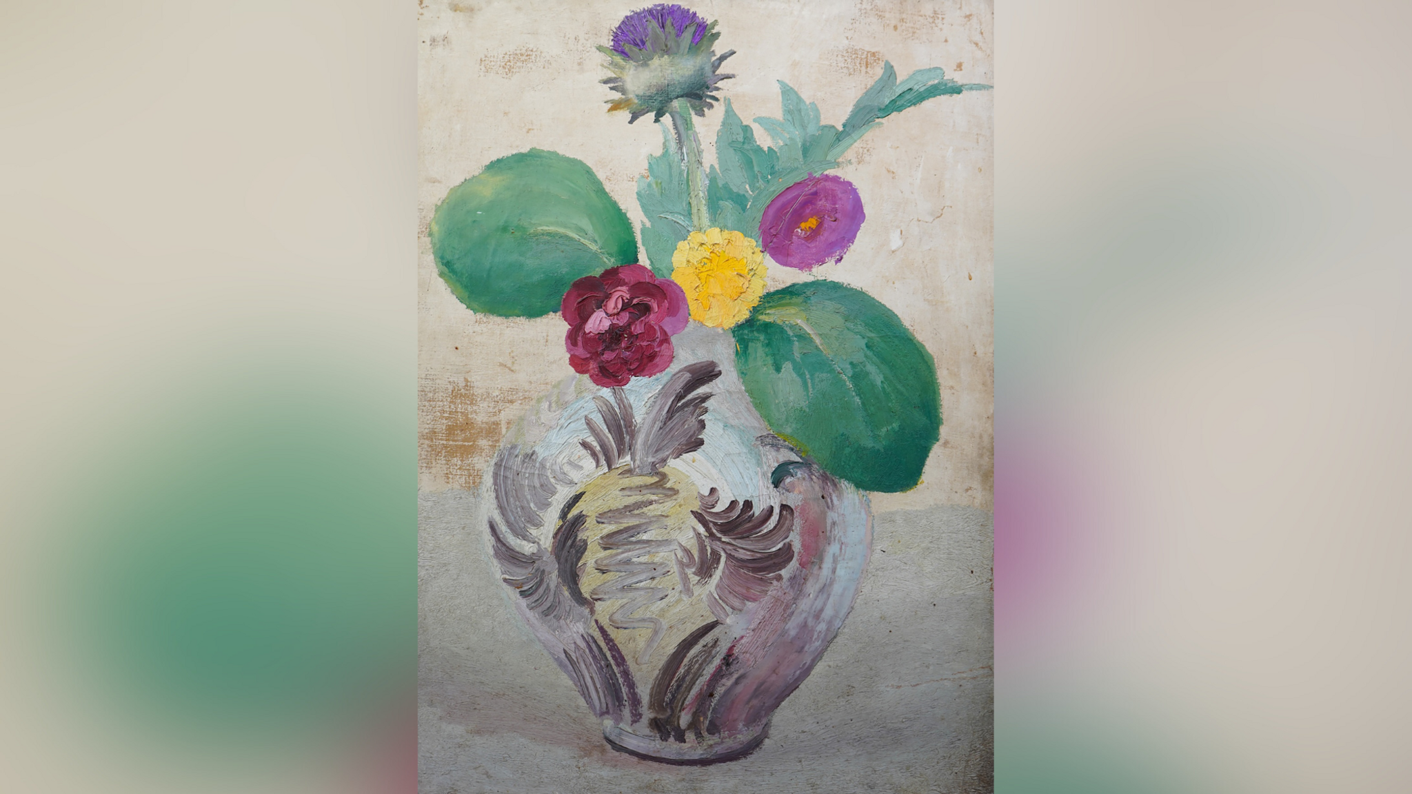 'Flowers in a Jar’ by Duncan Grant and George Bergen - taken in circa 1930. The oil on canvas laid is sitting on a panel.