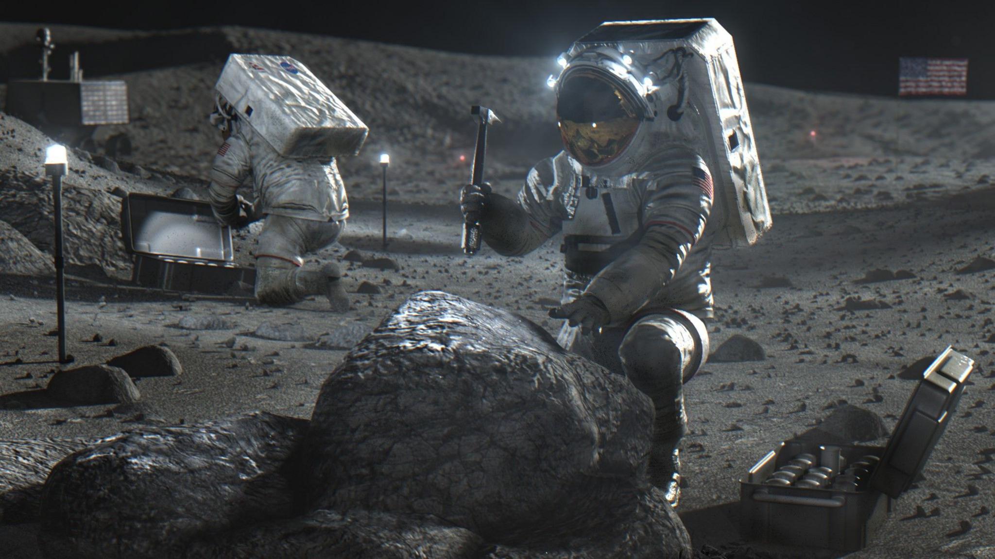 An artist's impression of two Nasa astronauts on the moon