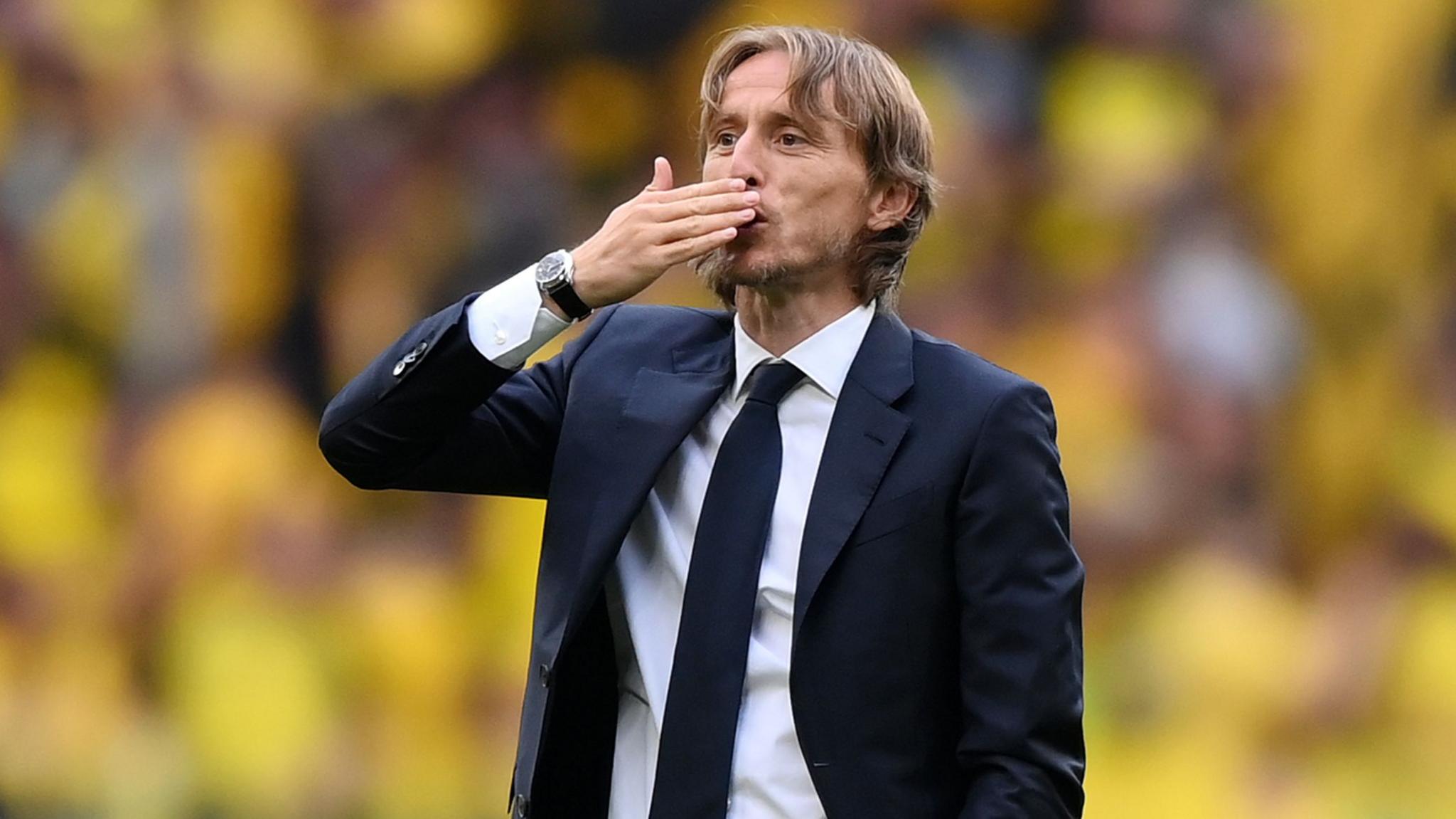 Luka Modric of Real Madrid gestures to fans prior to the Champions League 2023/24 Final against Borussia Dortmund.