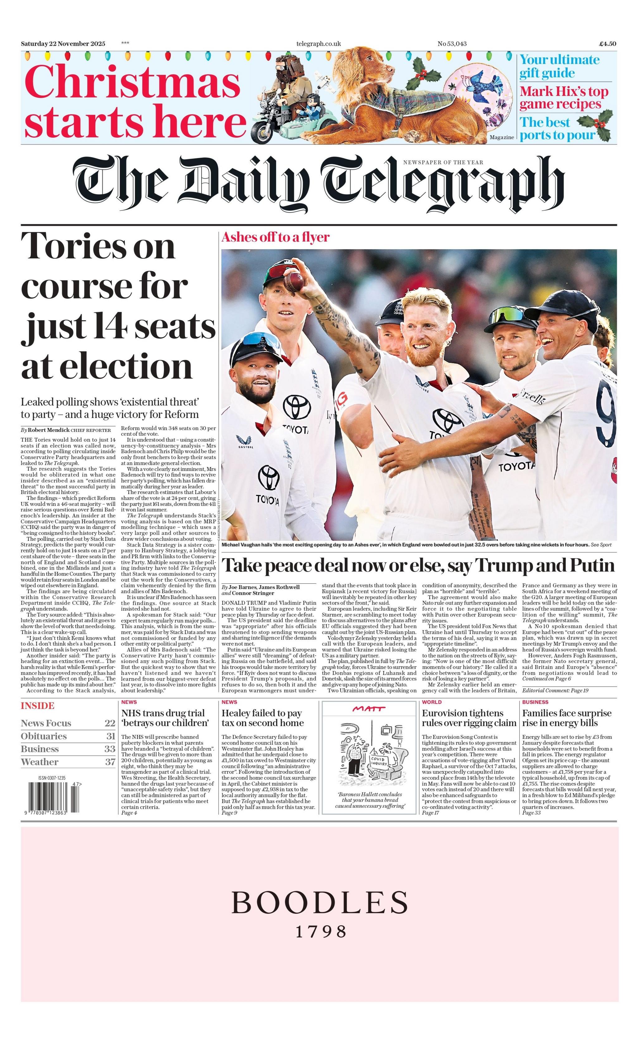 The headline on the front page of the Daily Telegraph reads: "Tories on course for just 14 seats at election".