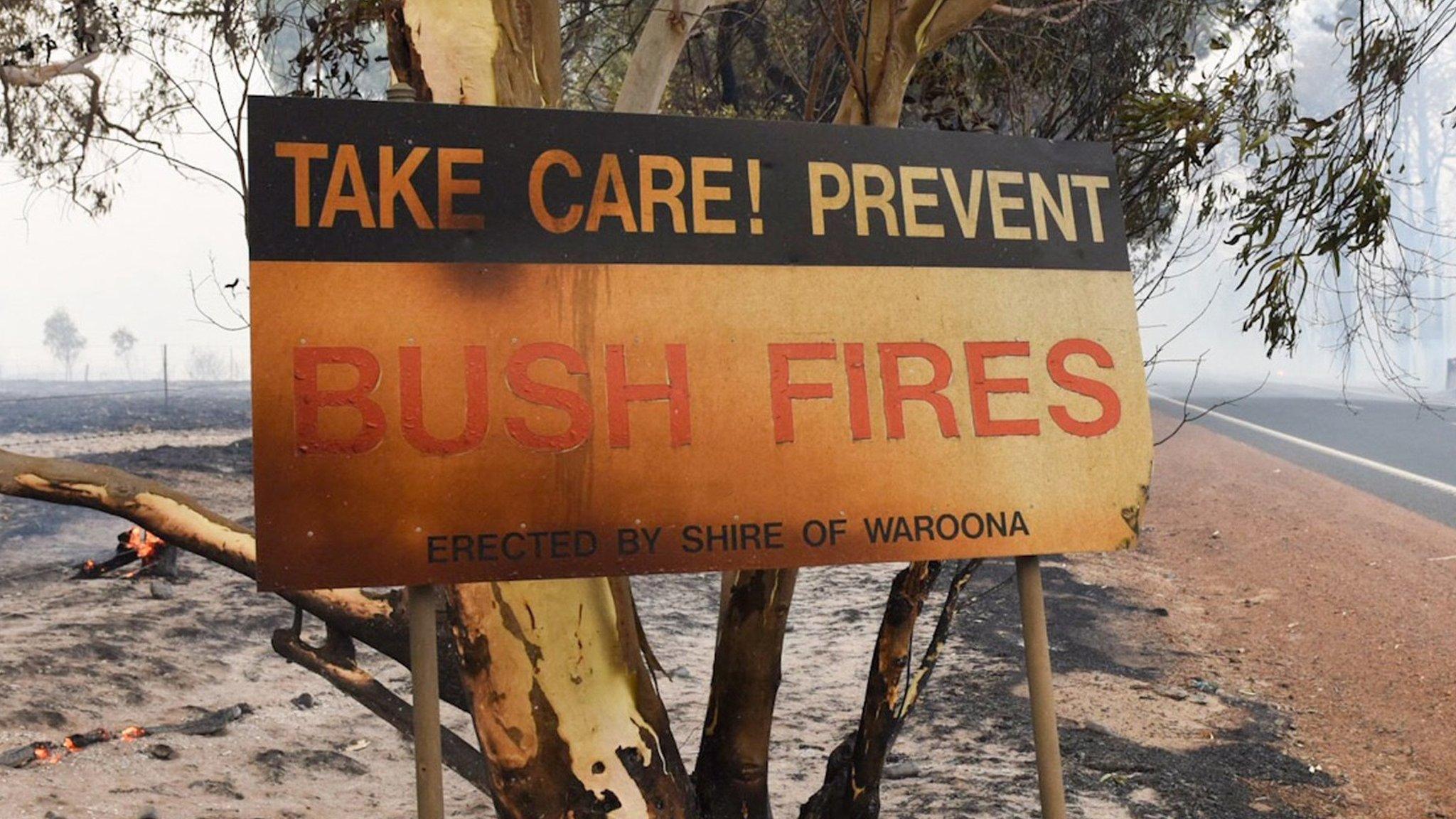 Sign damage from a fire near Waroona in Western Australia