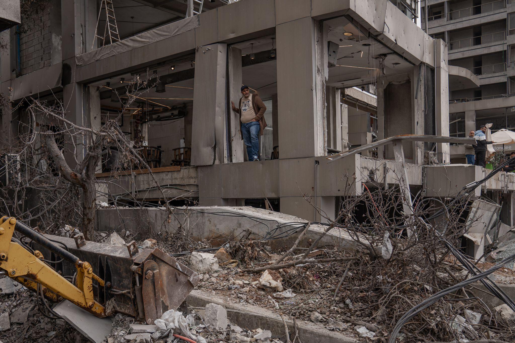 Jalal Nasser in what is left of his restaurant and coffee complex in Nabatieh. "We are waiting for Hezbollah," he said.