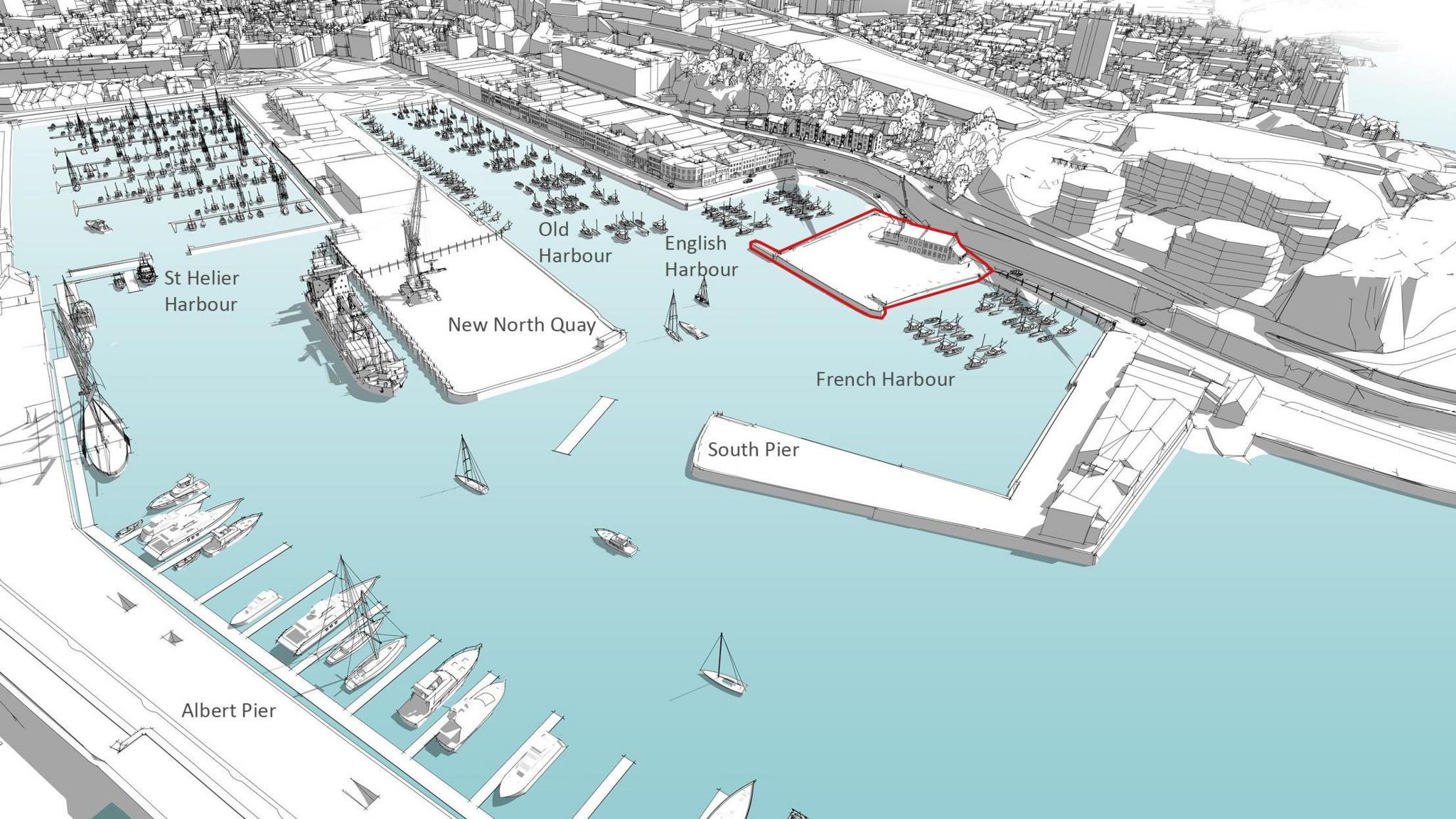 A digital image showing the site from the air. 