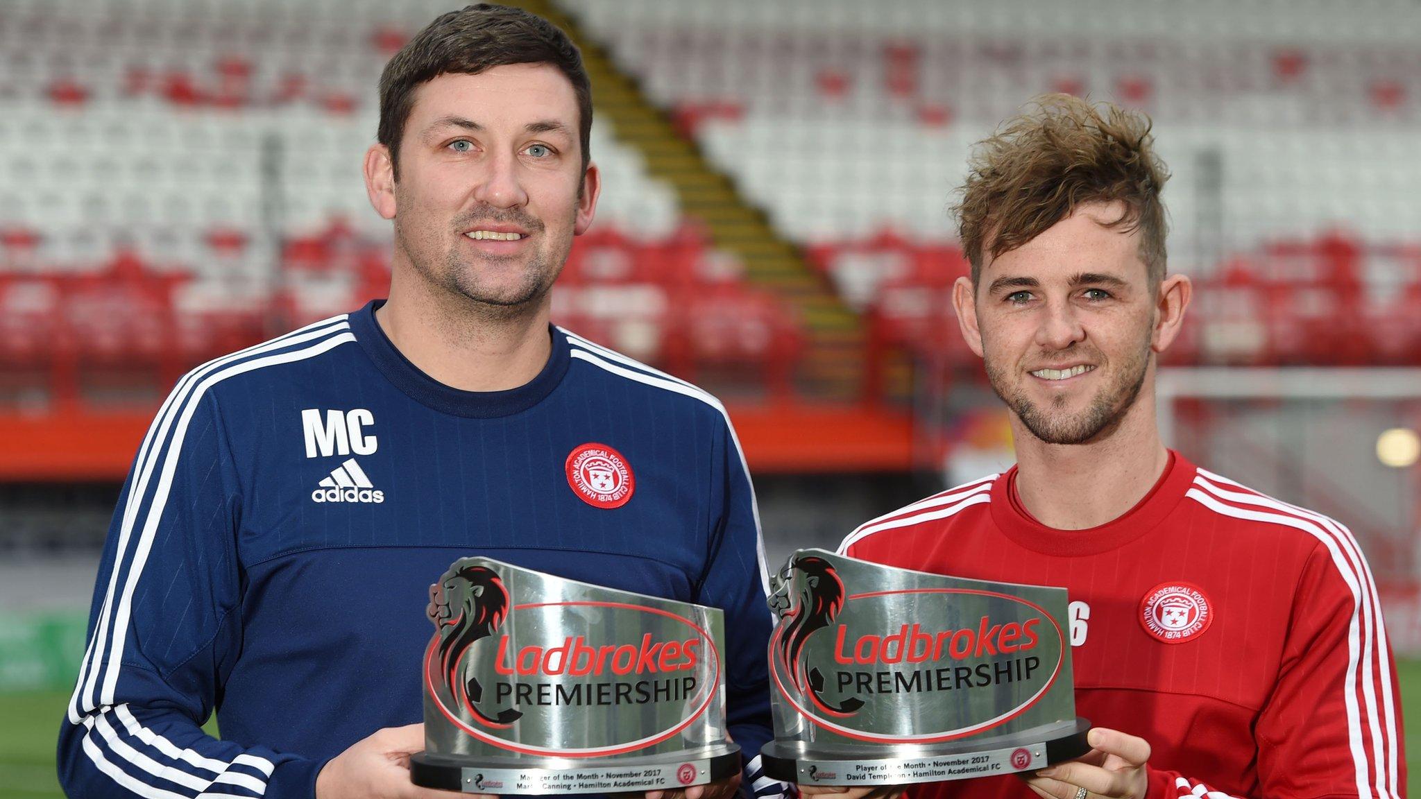 Hamilton Academical manager Martin Canning and attacker David Templeton with the Scottish Premiership monthly awards for November 2017