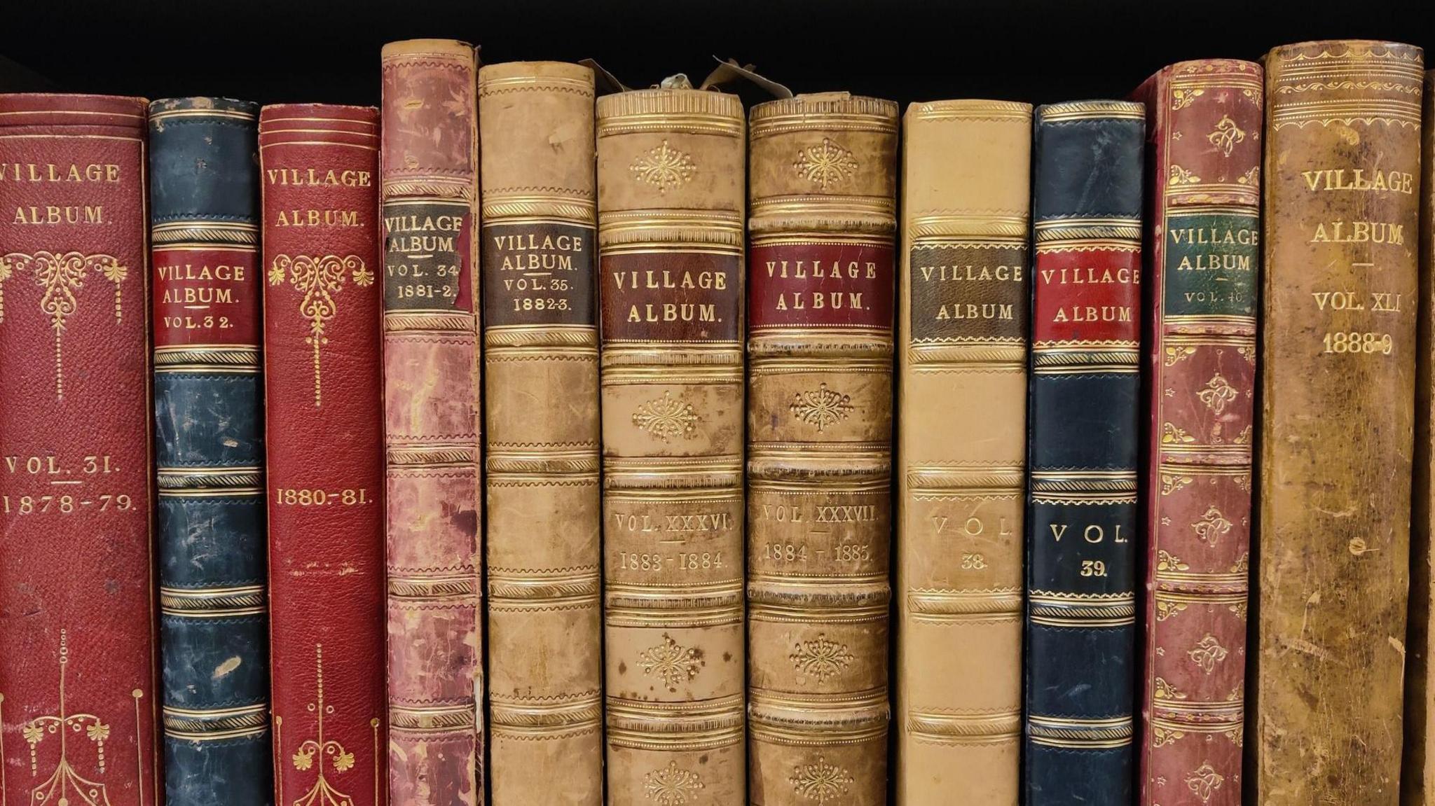 A row of old books which are the village albums