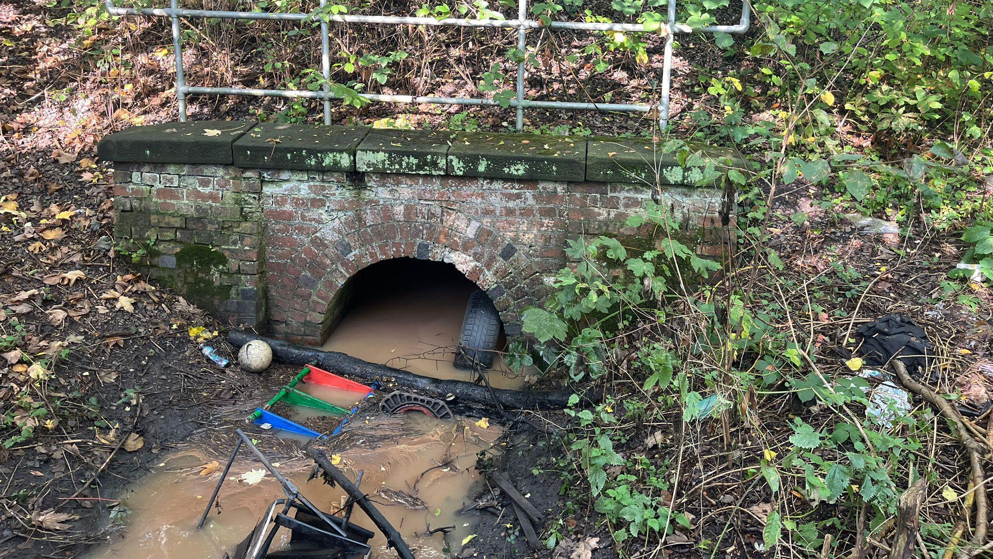 A blocked stream near a railway embankment in Thurmaston, Leicestershire